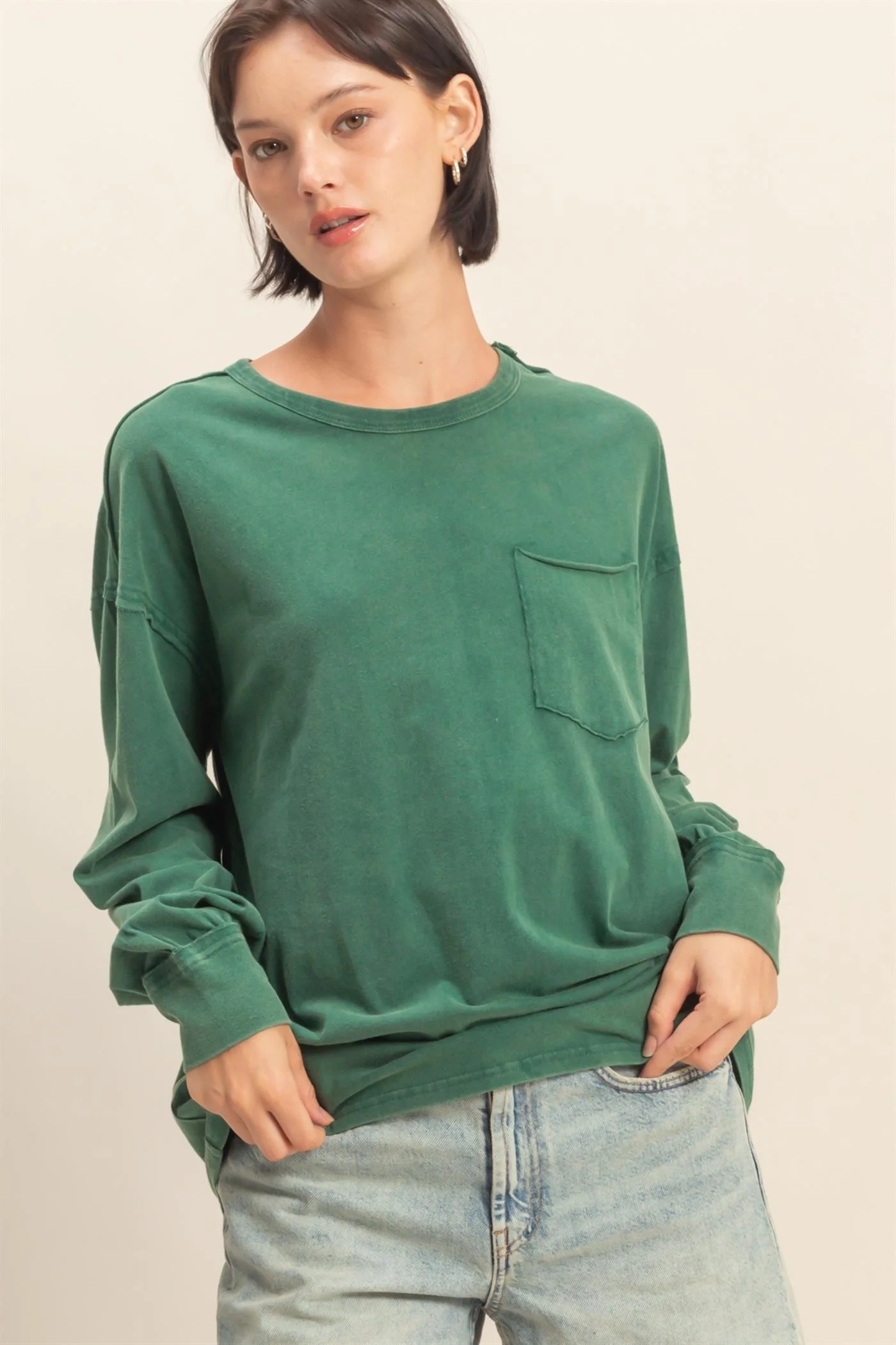 Green Oversized Washed Long Sleeve Pocket Maternity Top - Image 5