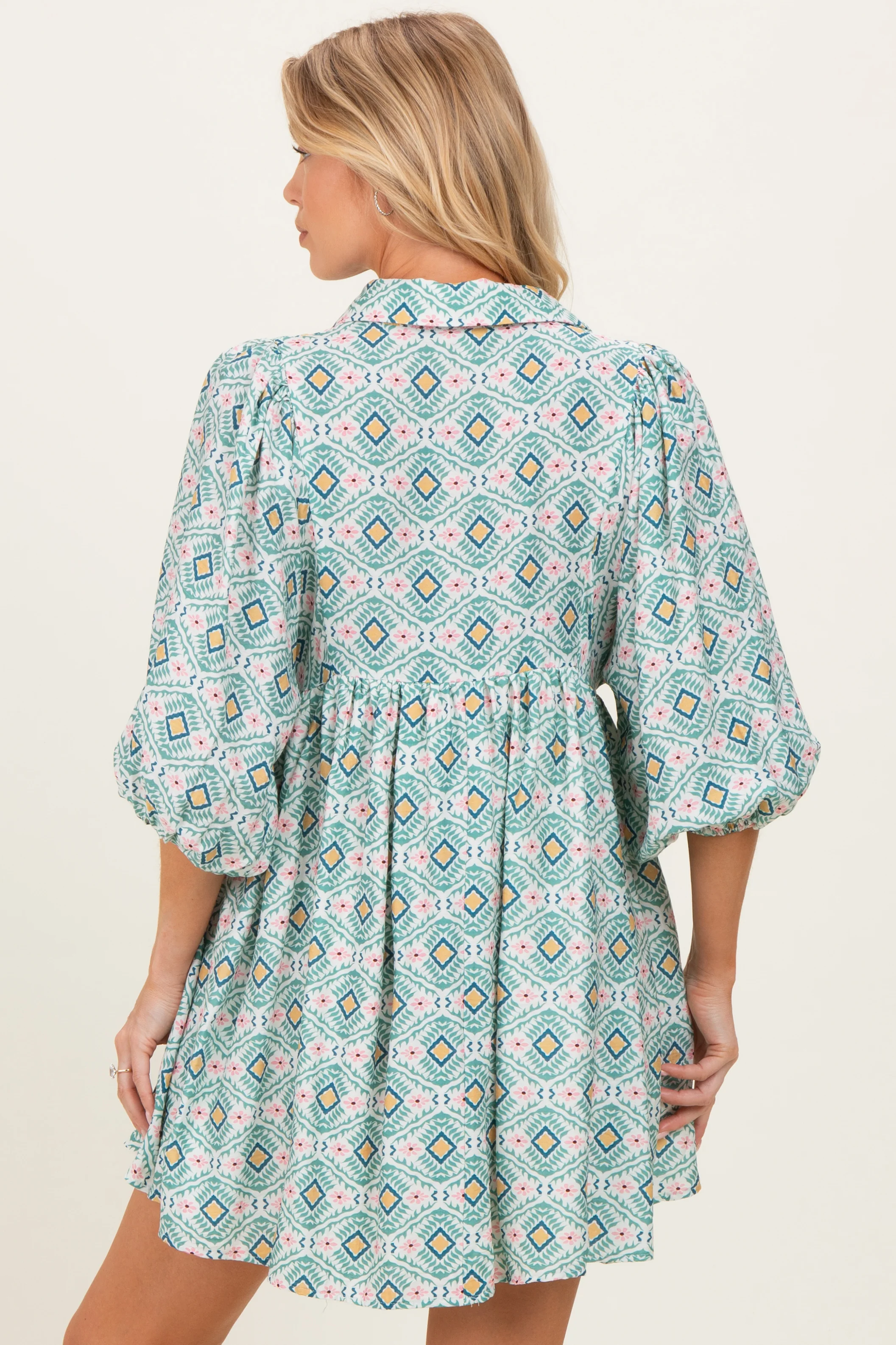 Green Print Collared Balloon Sleeve Maternity Dress - Image 3