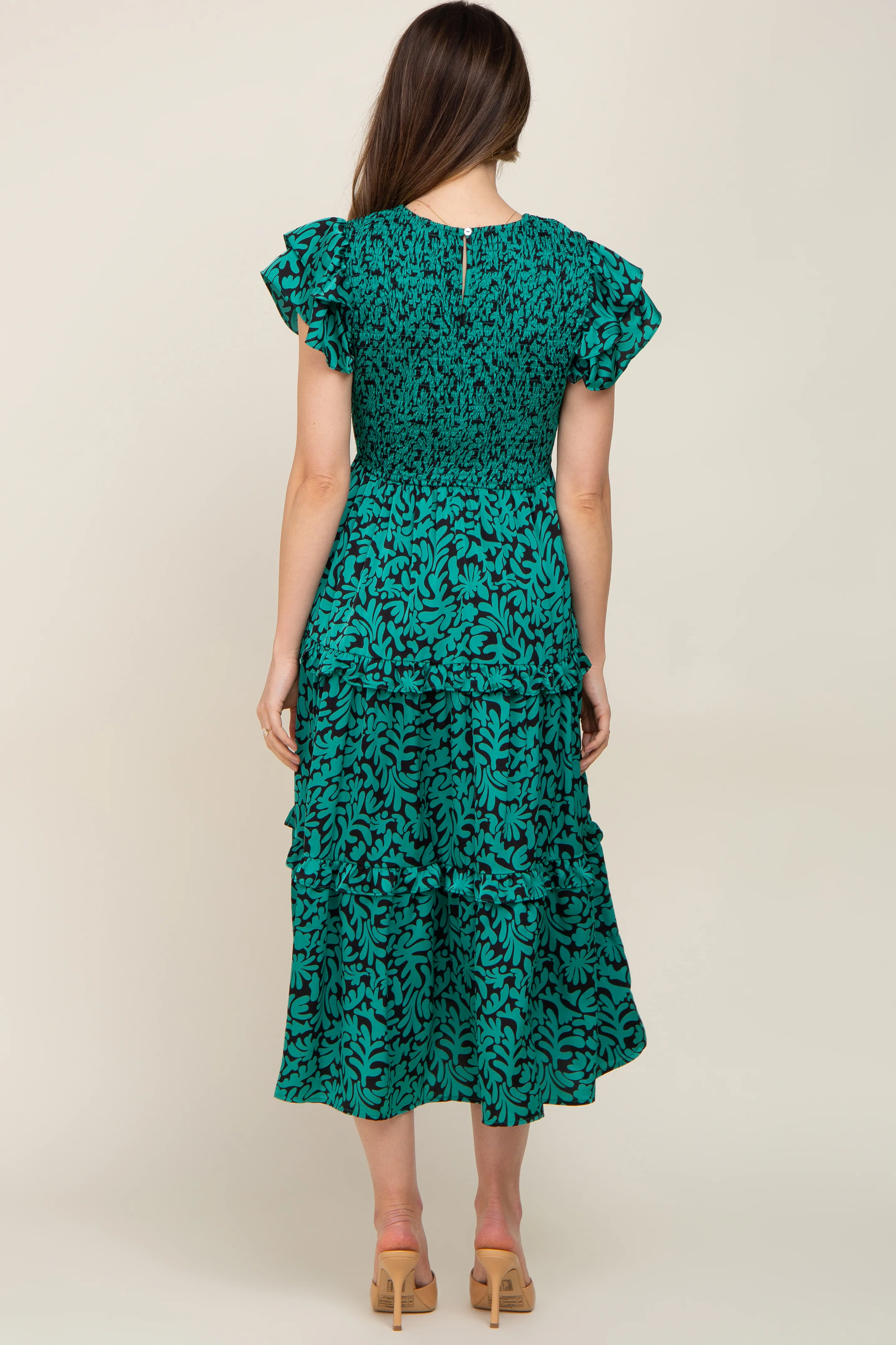 Green Print Smocked Ruffle Tiered Maternity Midi Dress - Image 3