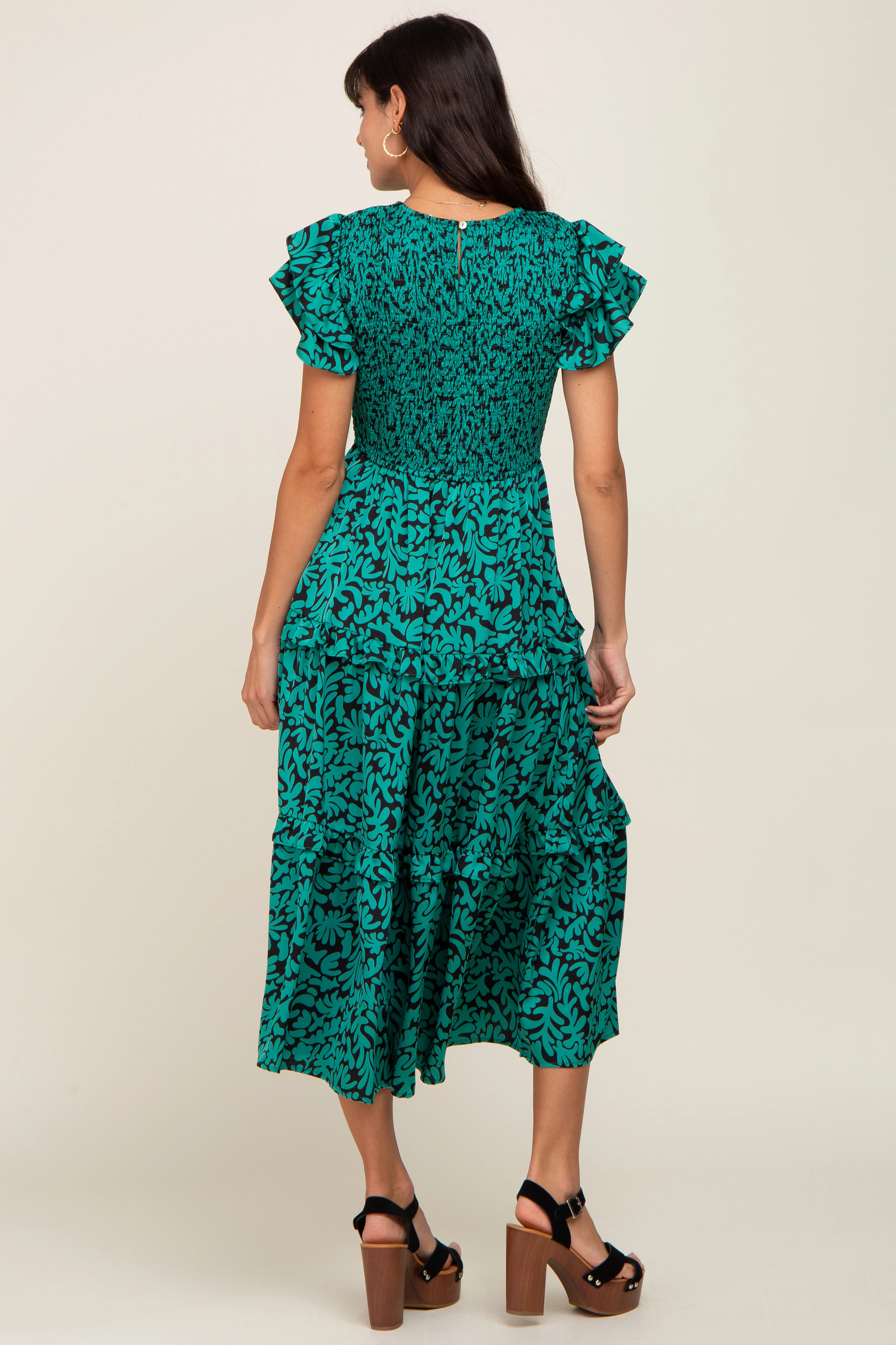 Green Print Smocked Ruffle Tiered Midi Dress - Image 3