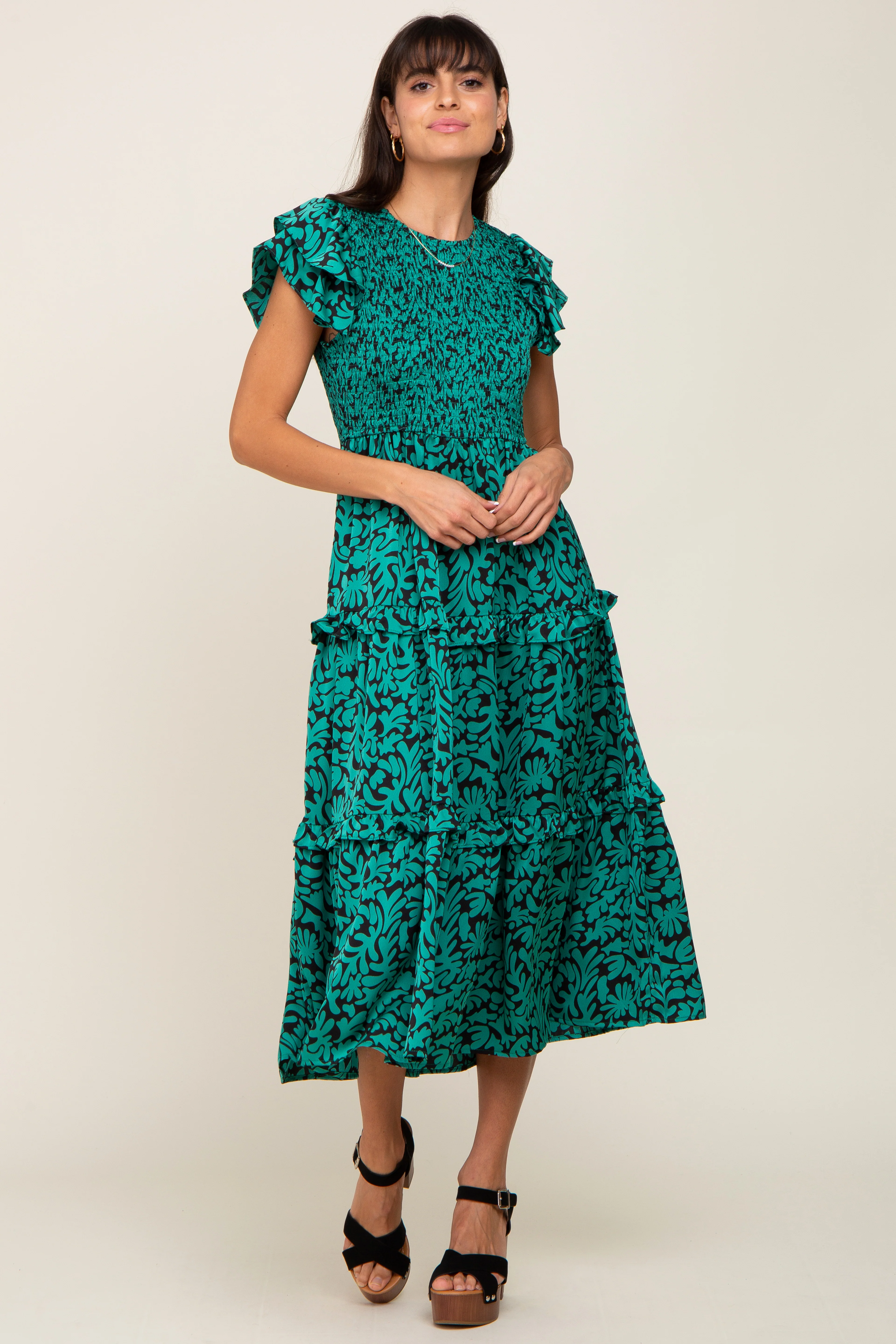 Green Print Smocked Ruffle Tiered Midi Dress - Image 5