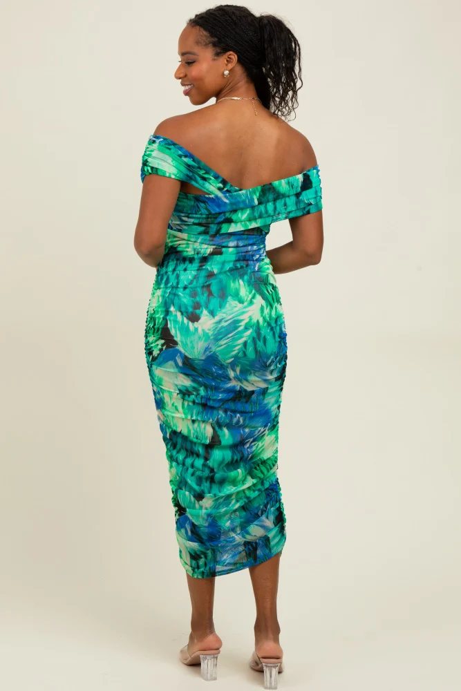 Green Printed Off Shoulder Ruched Midi Dress - Image 4