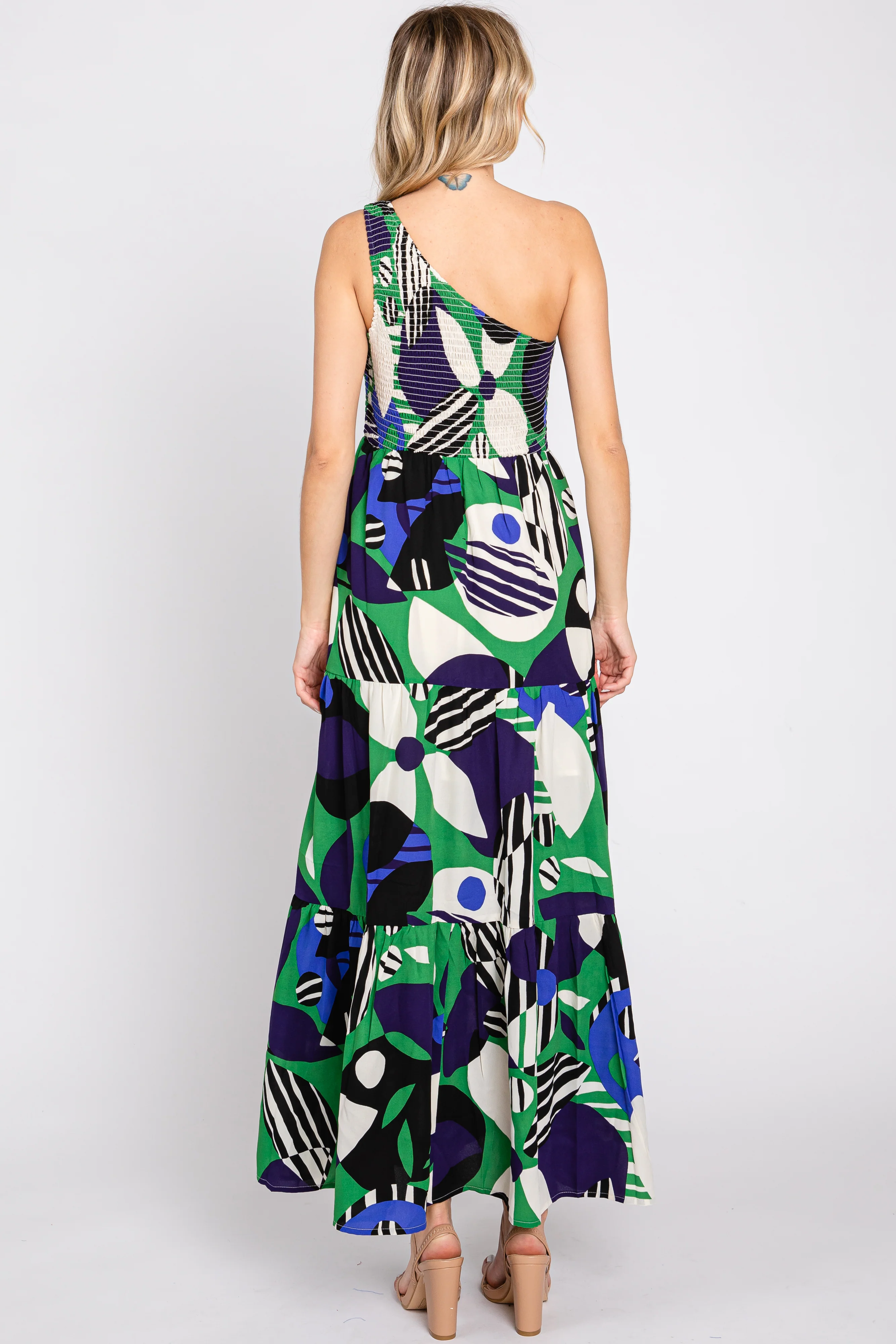 Green Printed One Shoulder Tiered Maxi Dress - Image 3