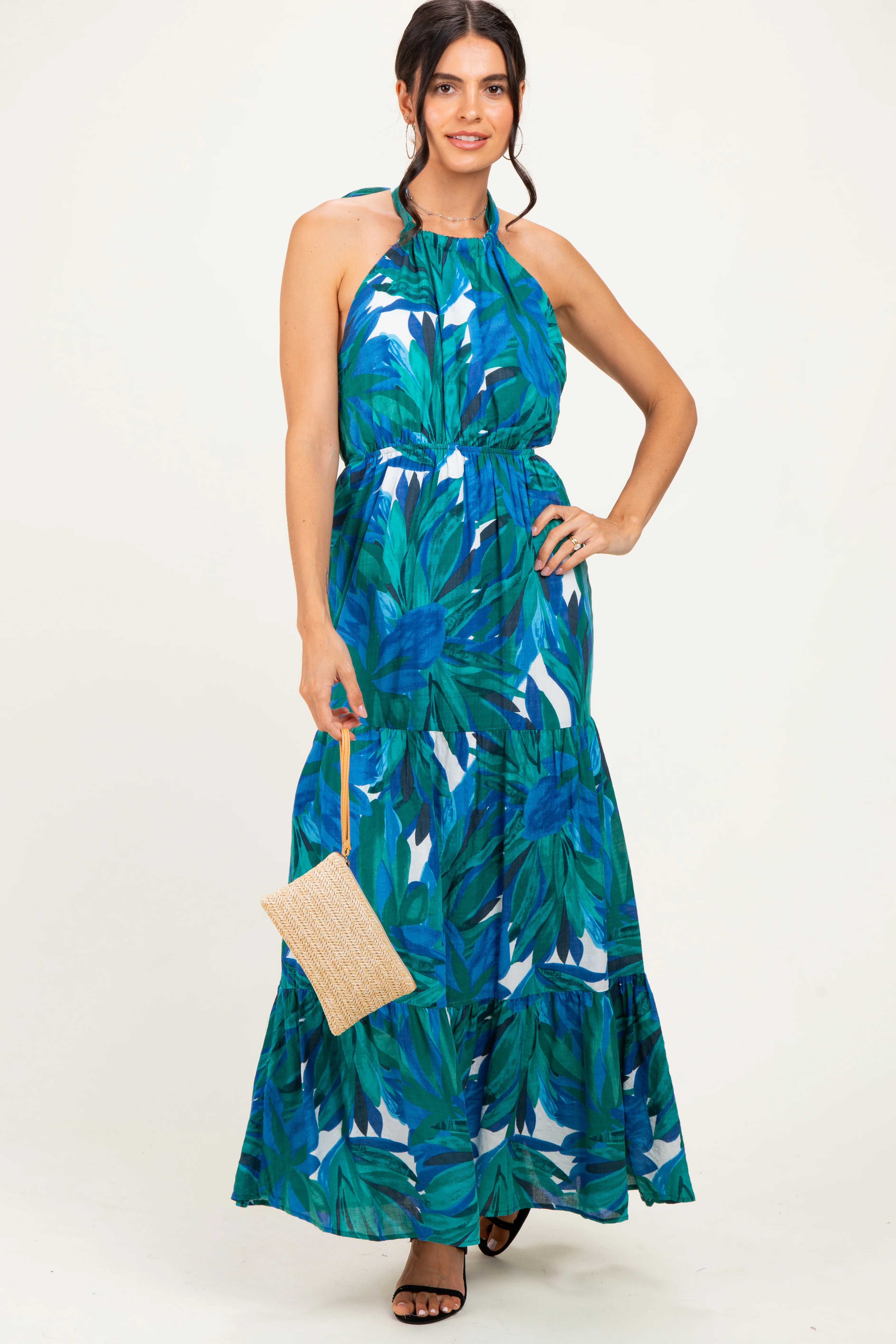 Green Printed Open Cross Back Maternity Maxi Dress - Image 3