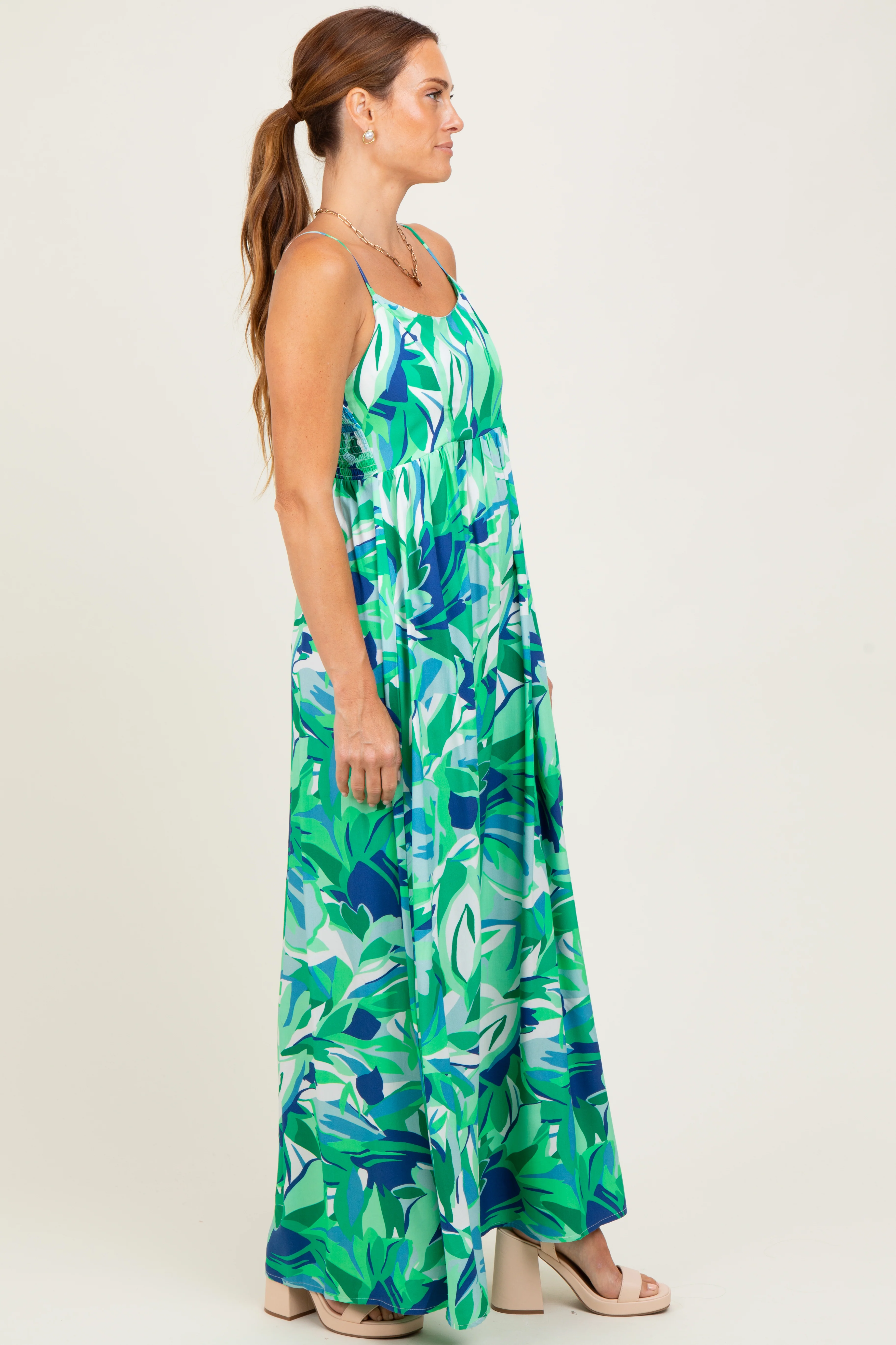 Green Printed Shoulder Tie Maxi Dress - Image 3