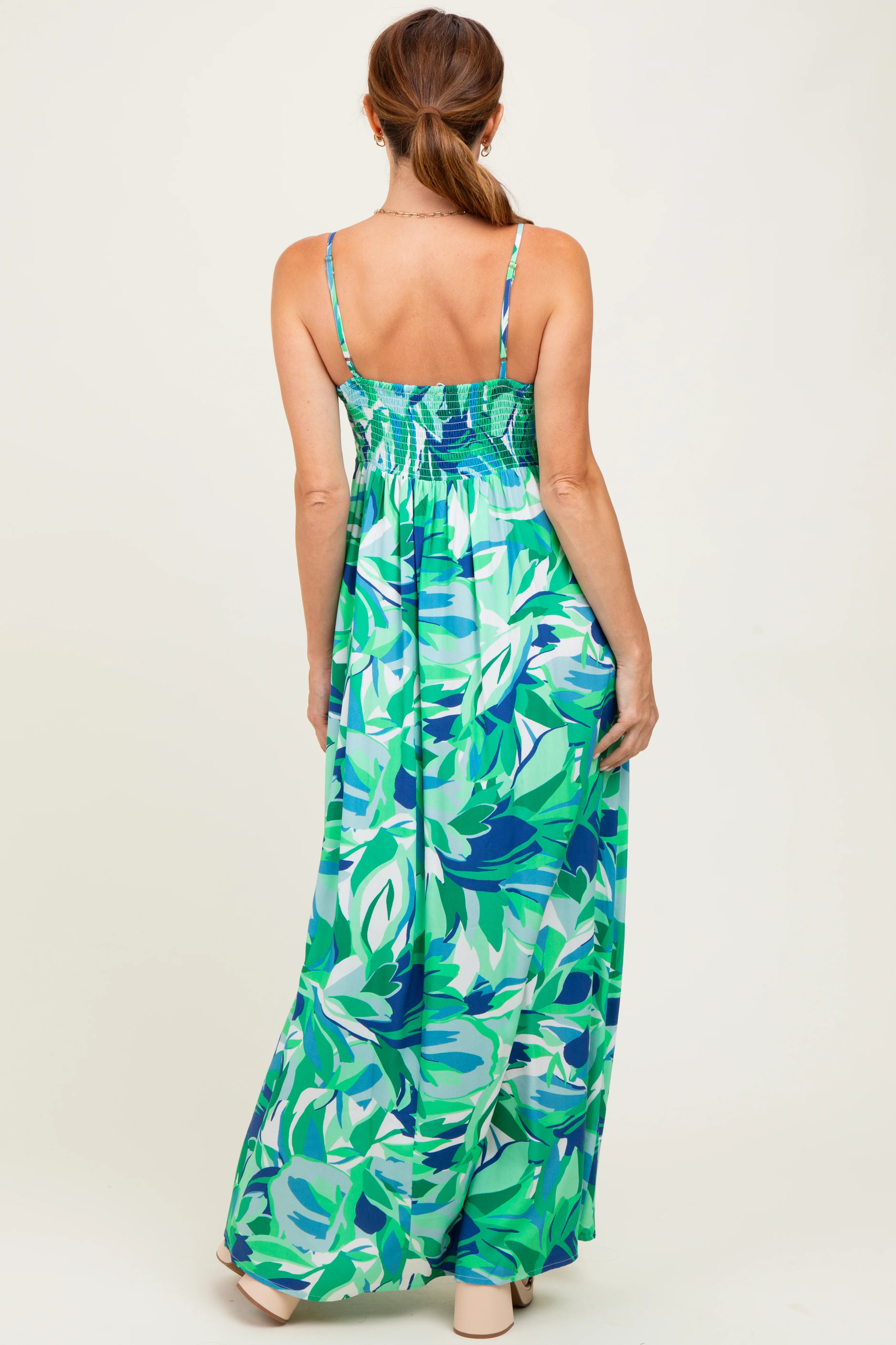 Green Printed Shoulder Tie Maxi Dress - Image 4