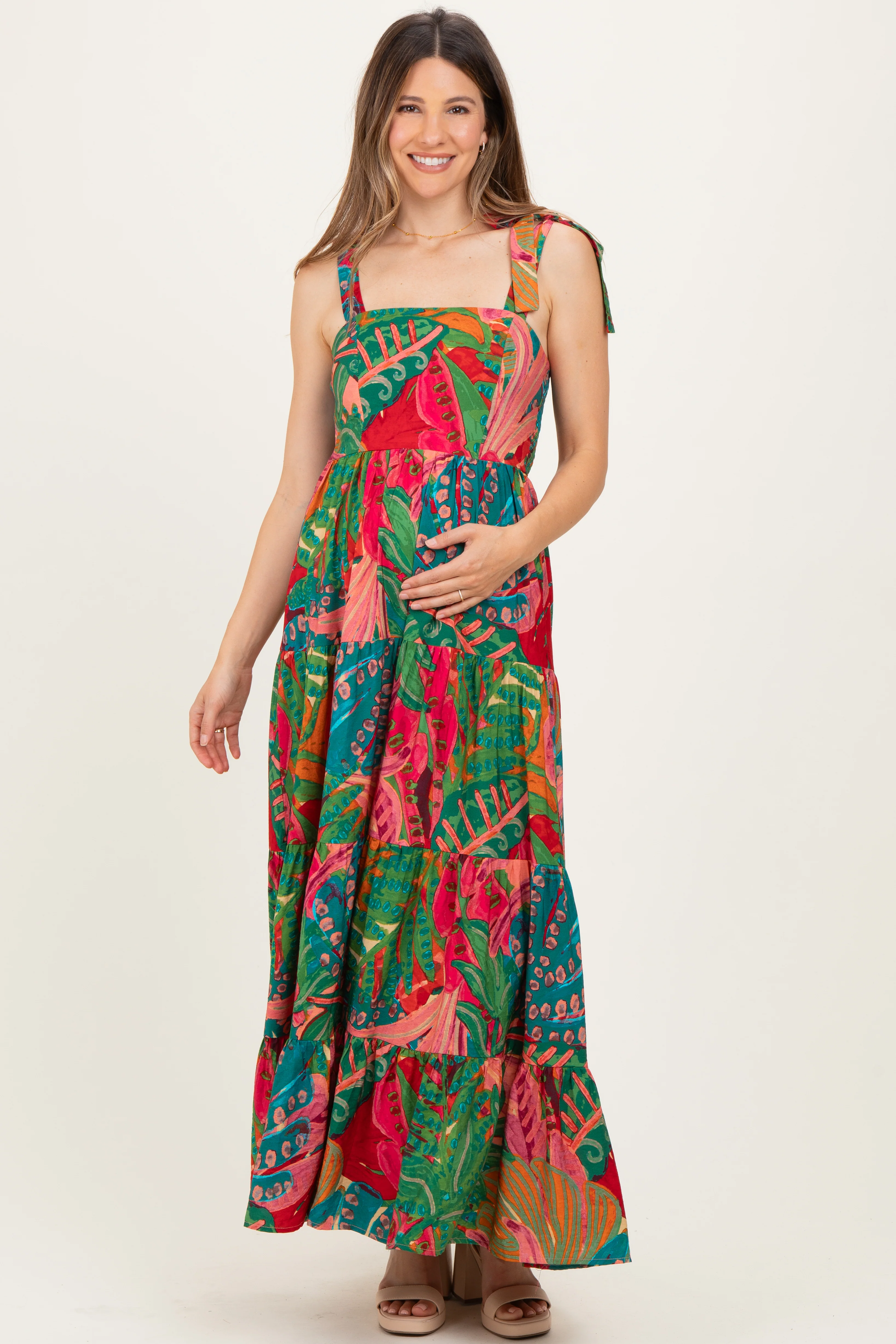 Green Printed Shoulder Tie Tiered Maternity Maxi Dress - Image 2
