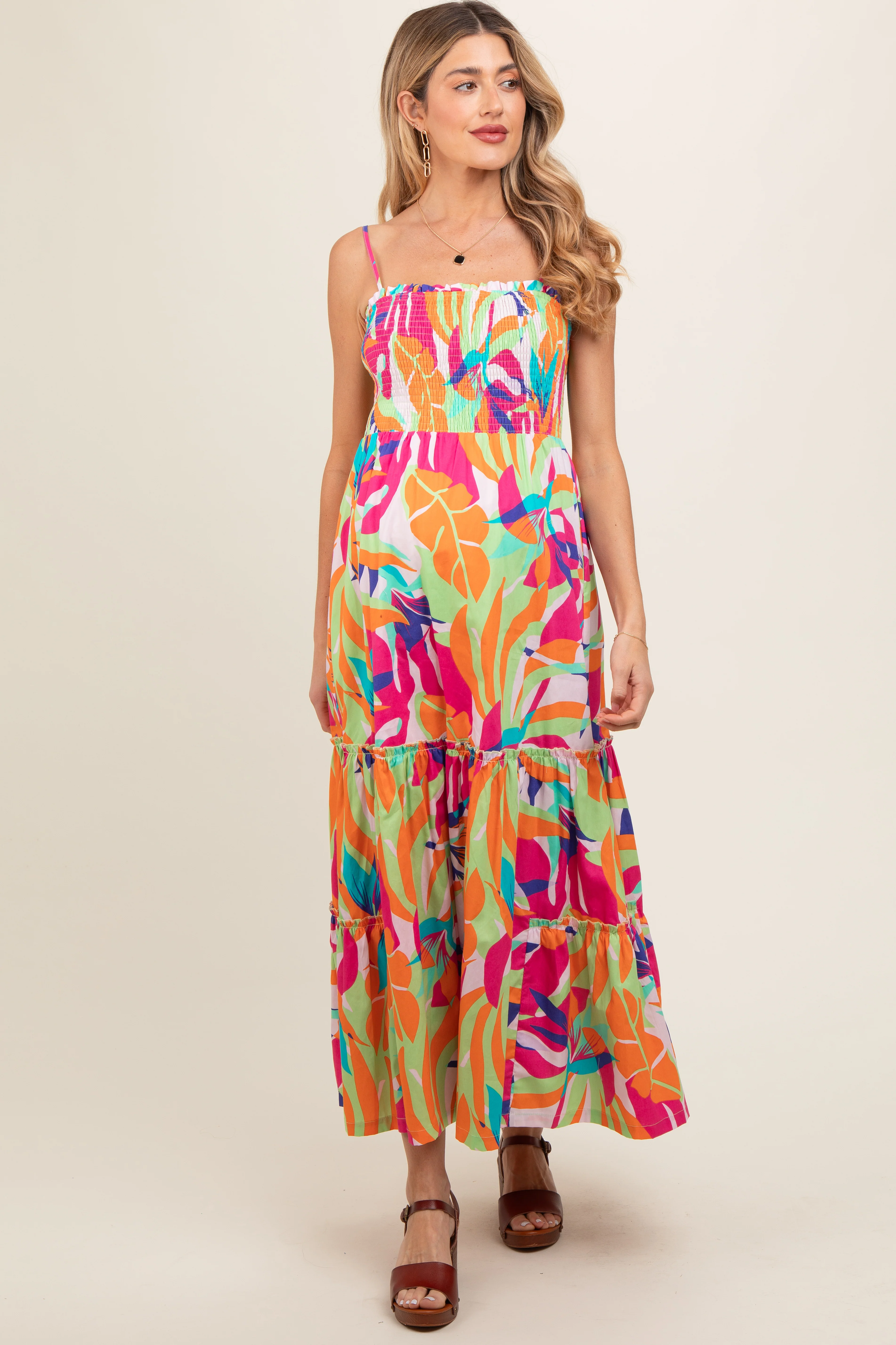 Green Printed Smocked Bodice Tiered Maternity Maxi Dress - Image 2