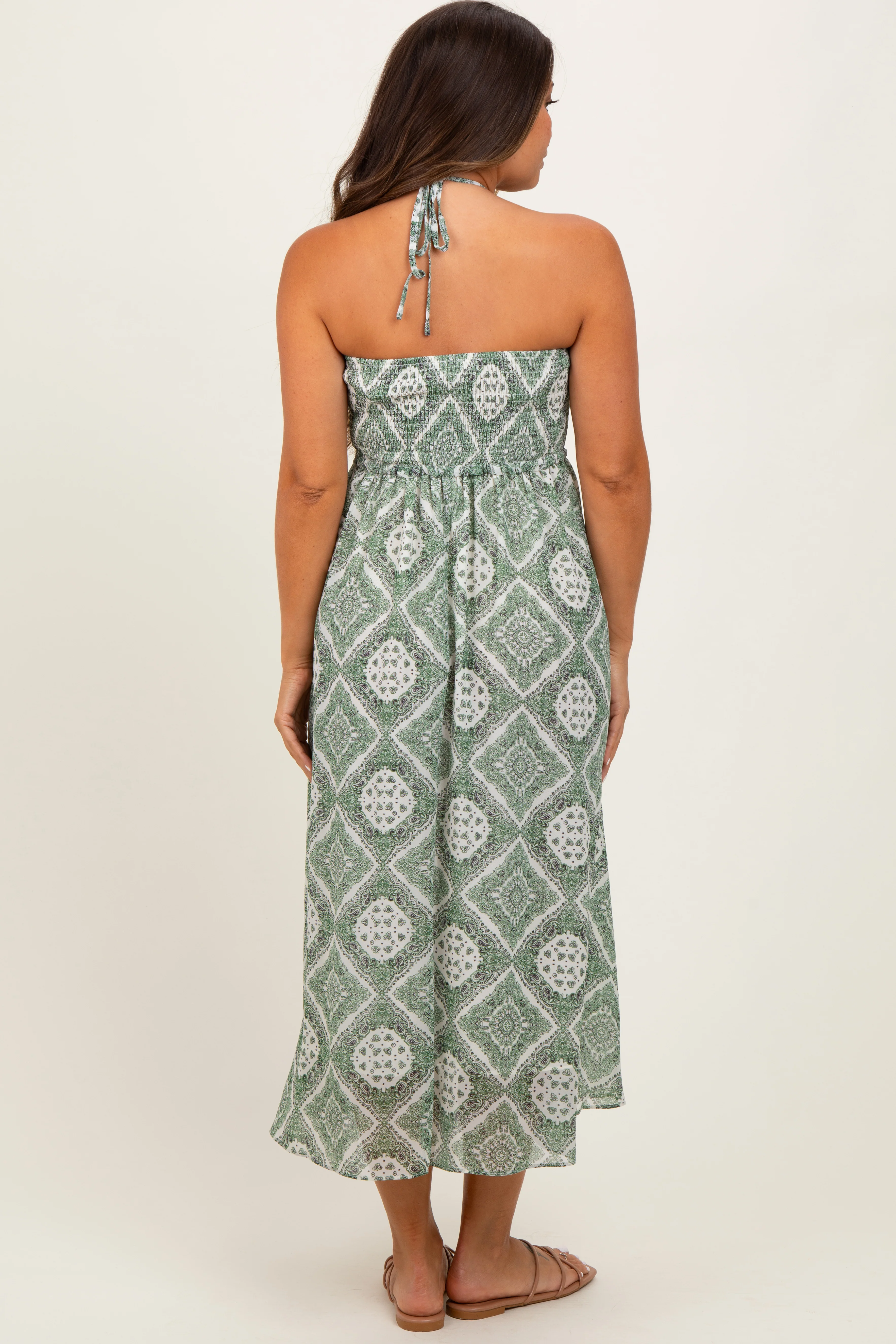 Green Printed Smocked Halter Maternity Midi Dress - Image 4