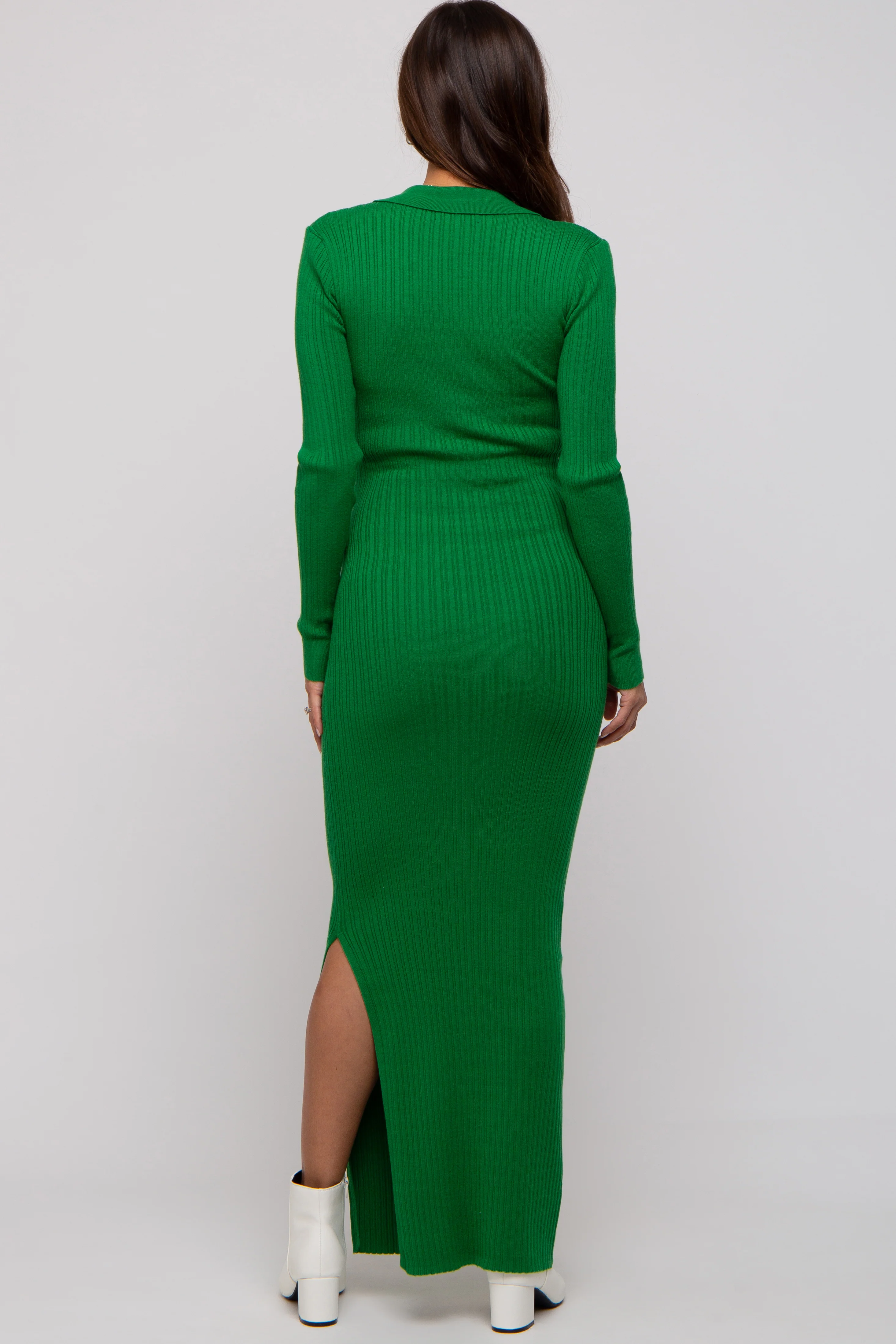 Green Rib Knit Collared Maternity Maxi Dress - Image 3