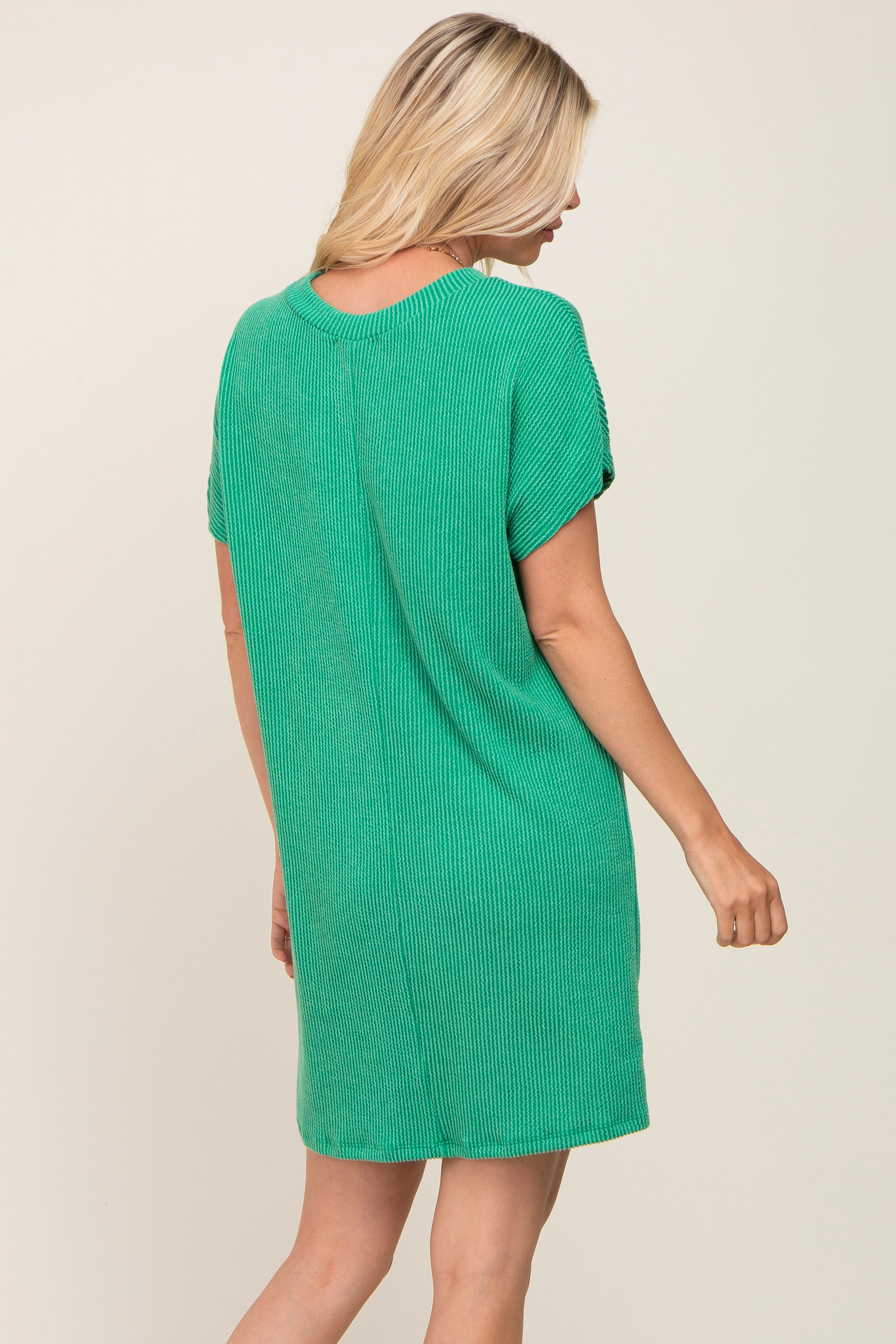 Green Ribbed Front Pocket Dolman Short Sleeve Dress - Image 3