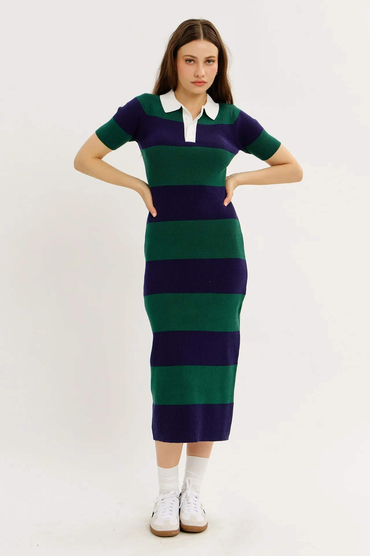 Green Ribbed Striped Knit Polo Maternity Midi Dress - Image 4