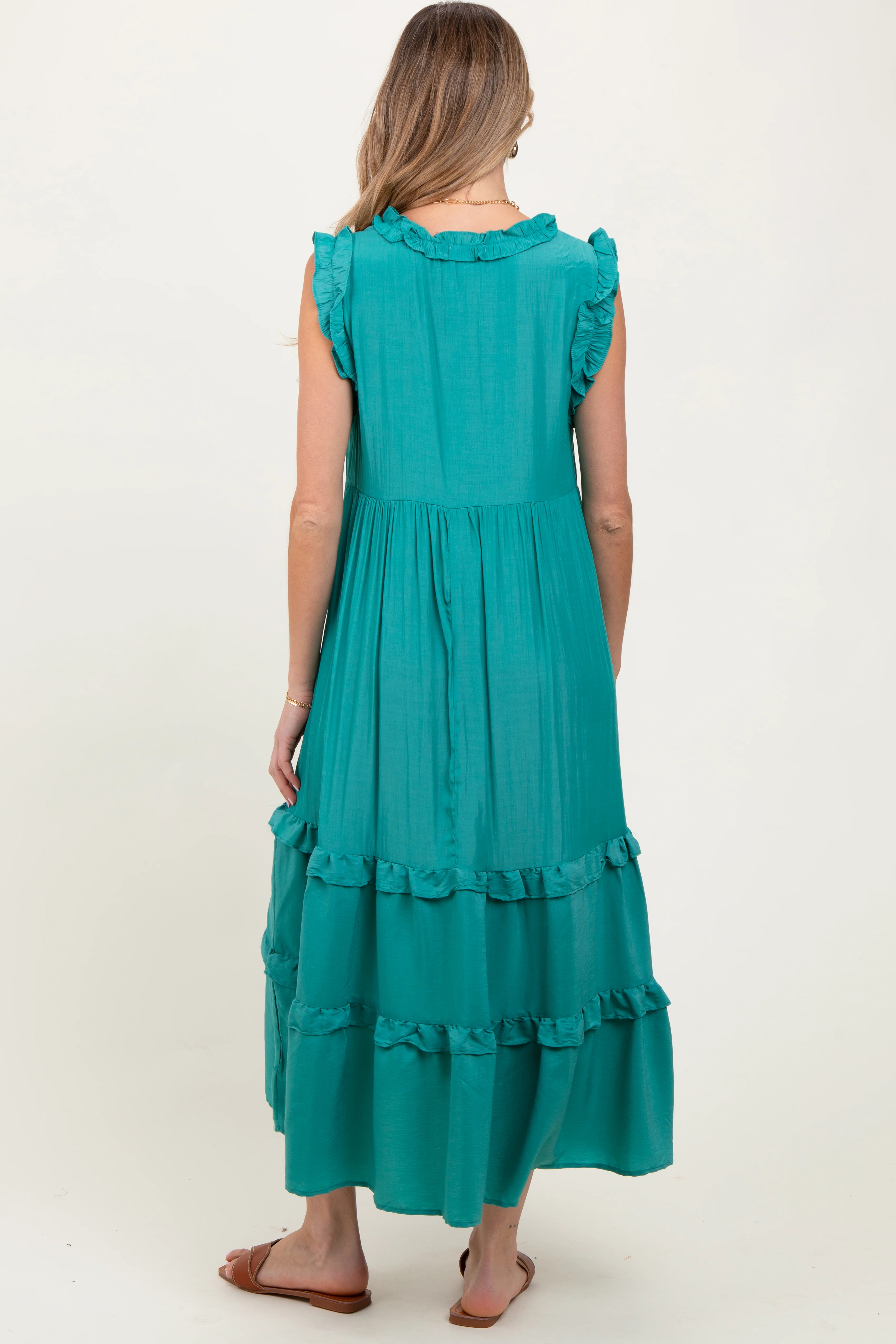 Green Ruffle Accent Tiered Front Tie Maternity Midi Dress - Image 3