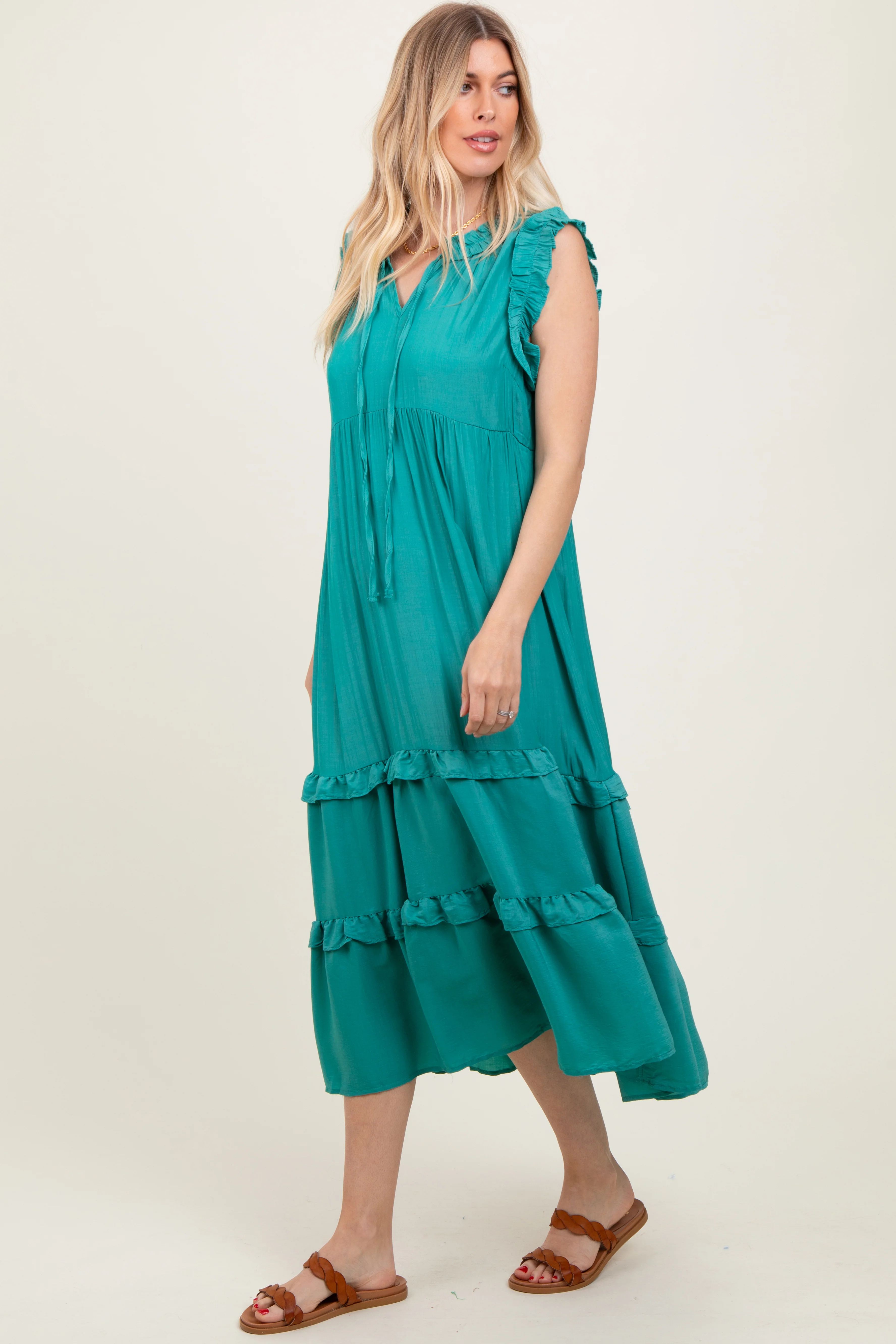 Green Ruffle Accent Tiered Front Tie Midi Dress - Image 3