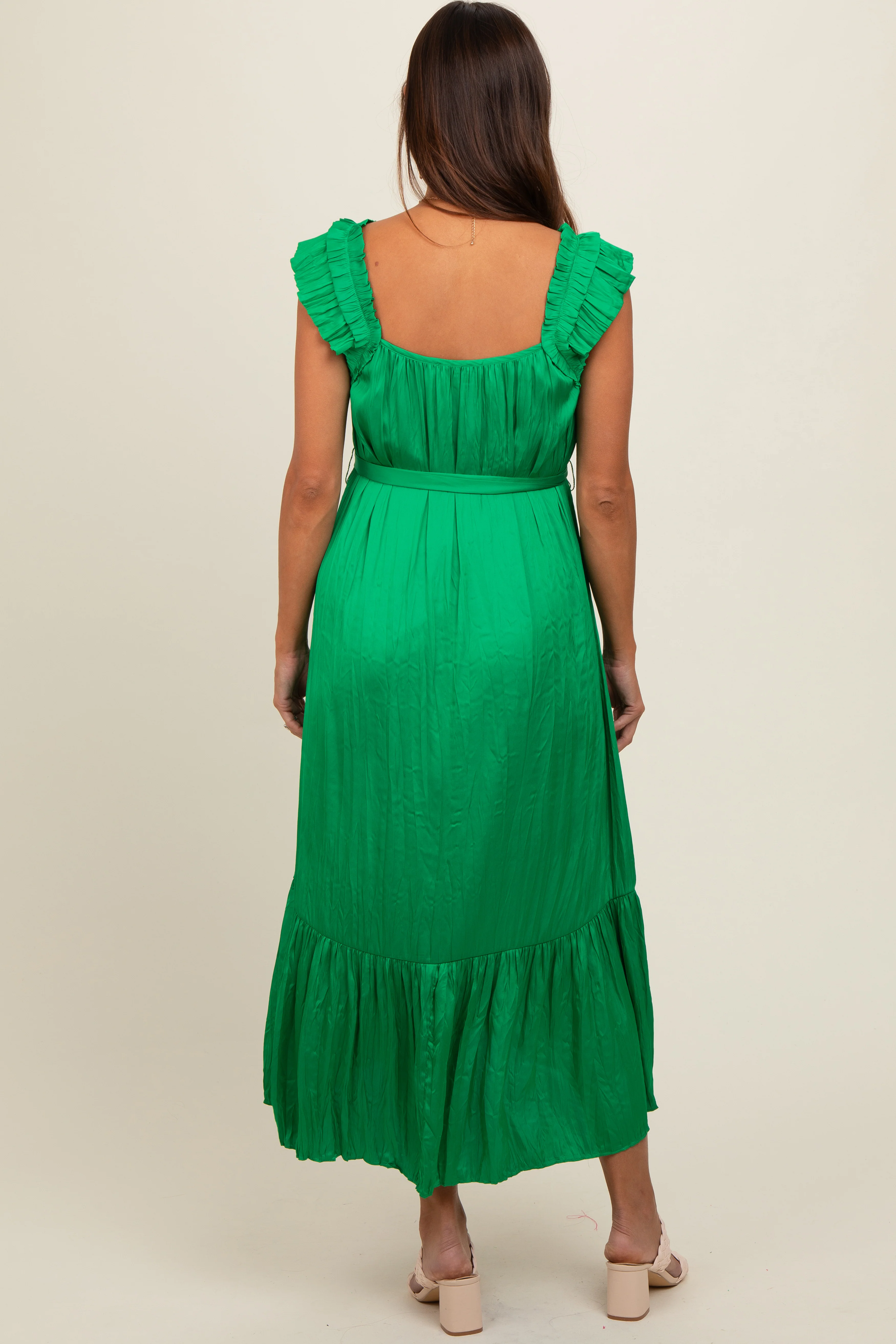 Green Ruffle Short Sleeve Self Tie Maternity Dress - Image 2