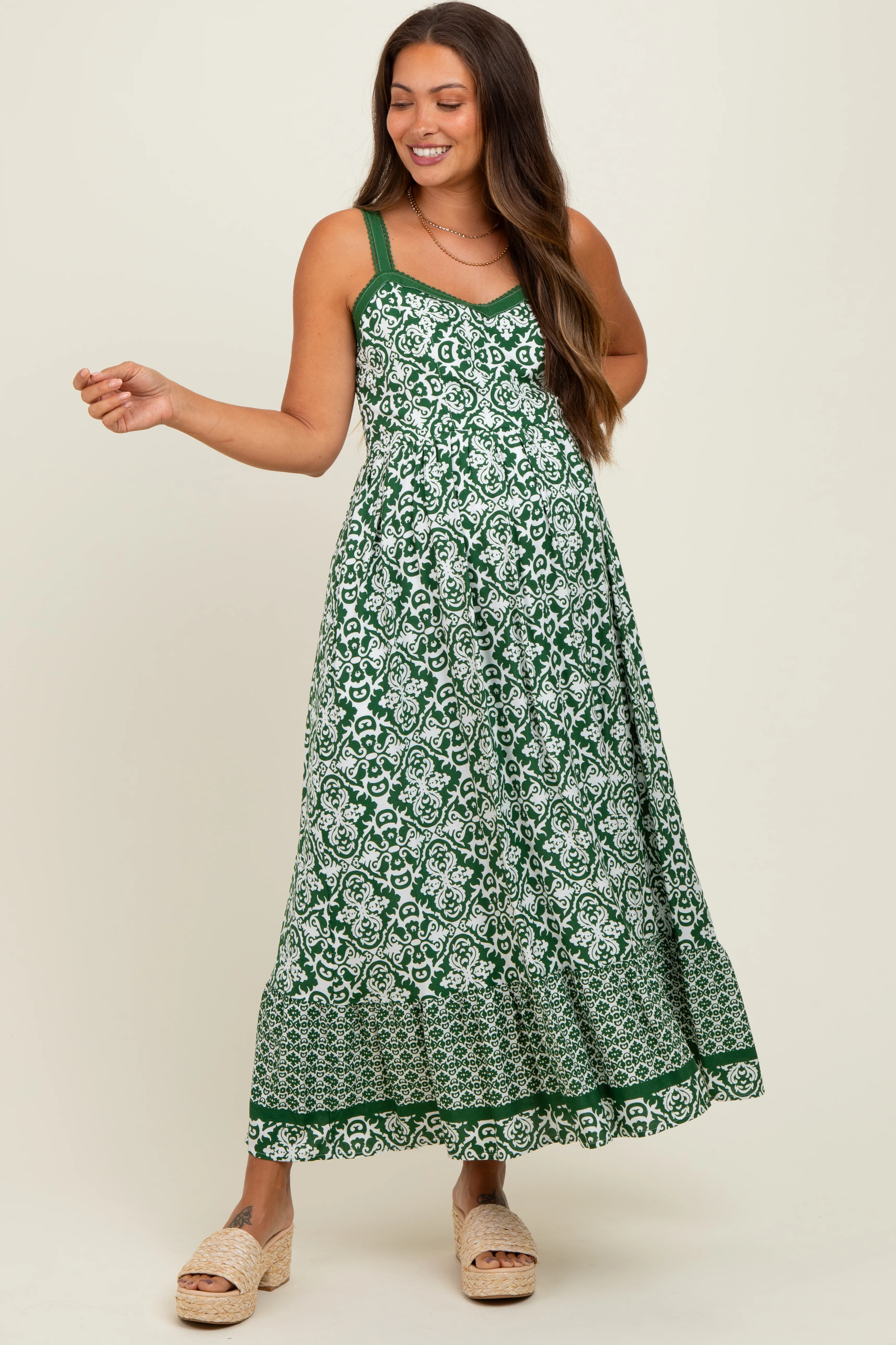 Green Sleeveless Border Print Maternity Maxi Dress - Image 2