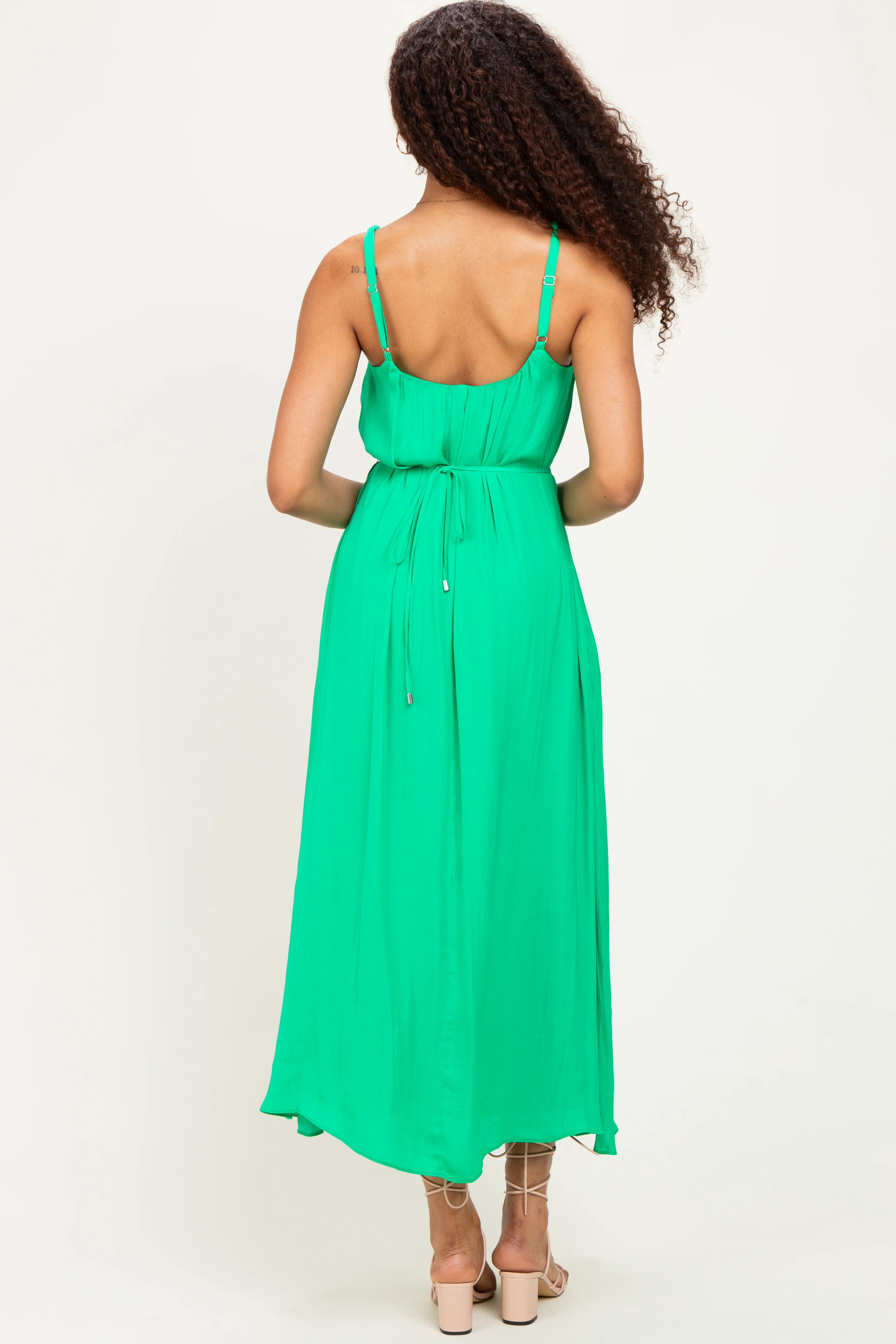 Green Sleeveless Flower Belt Dress - Image 3