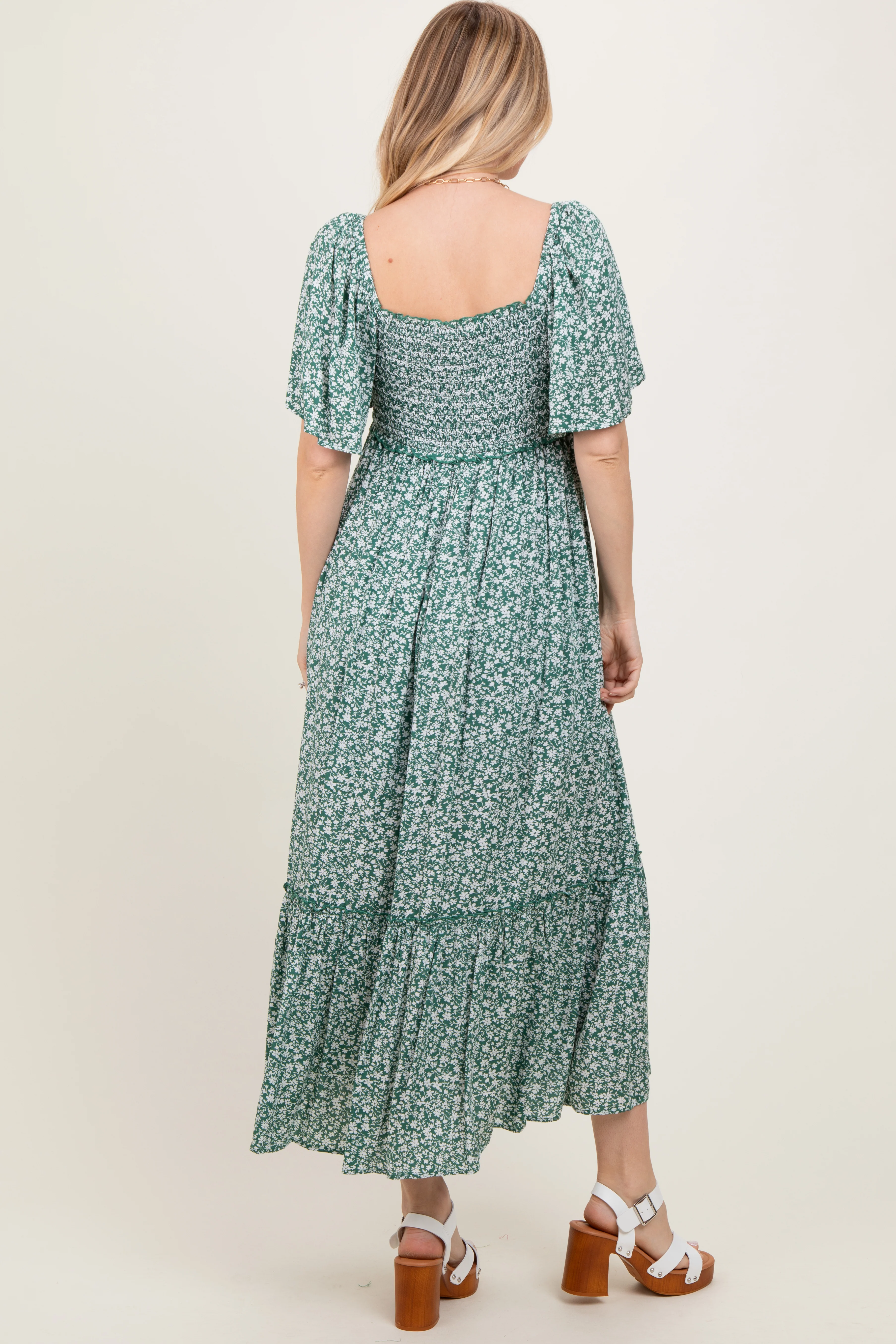 Green Smocked Button Down Flutter Sleeve Maxi Dress - Image 4