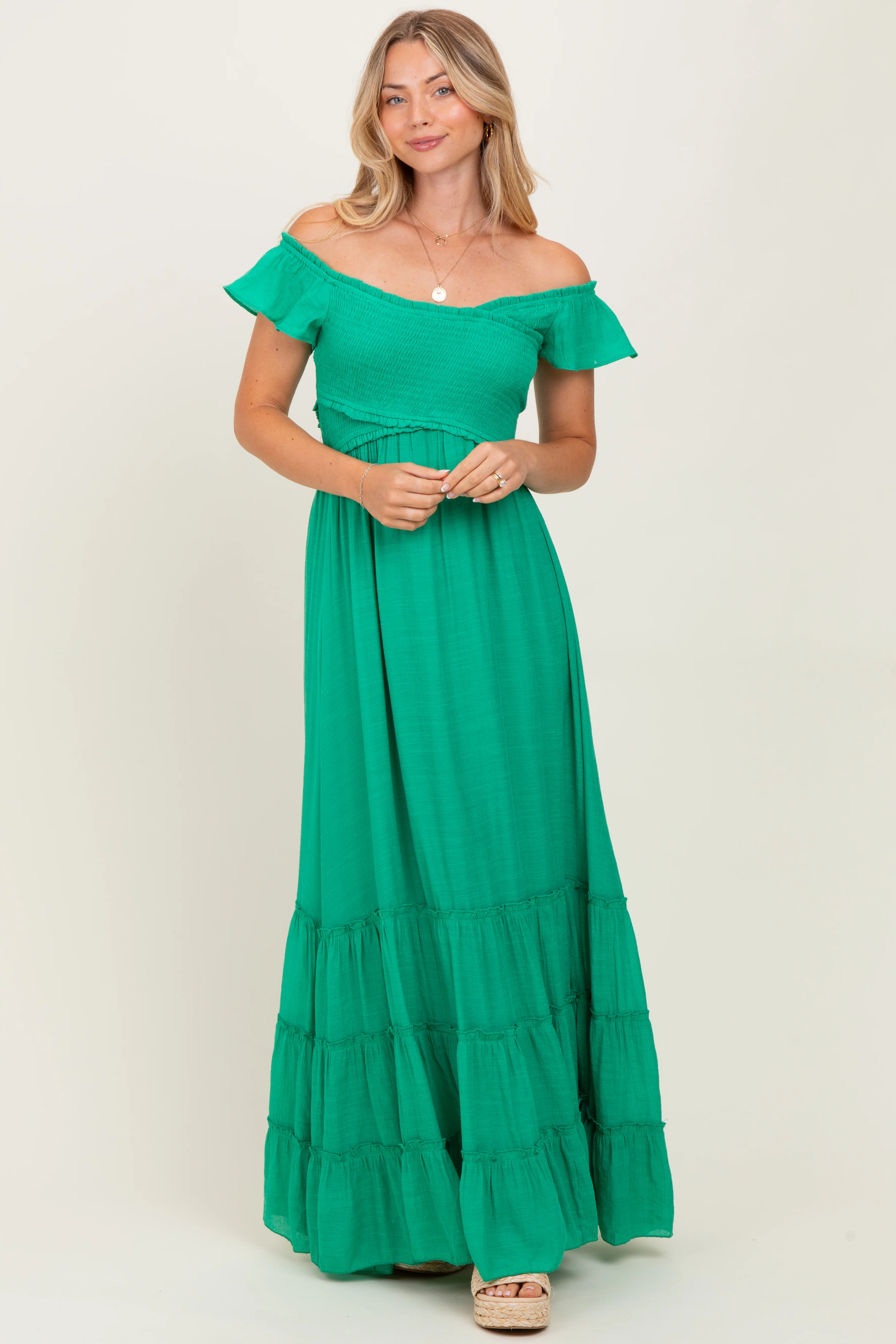 Green Smocked Crossover Off Shoulder Maxi Dress - Image 2