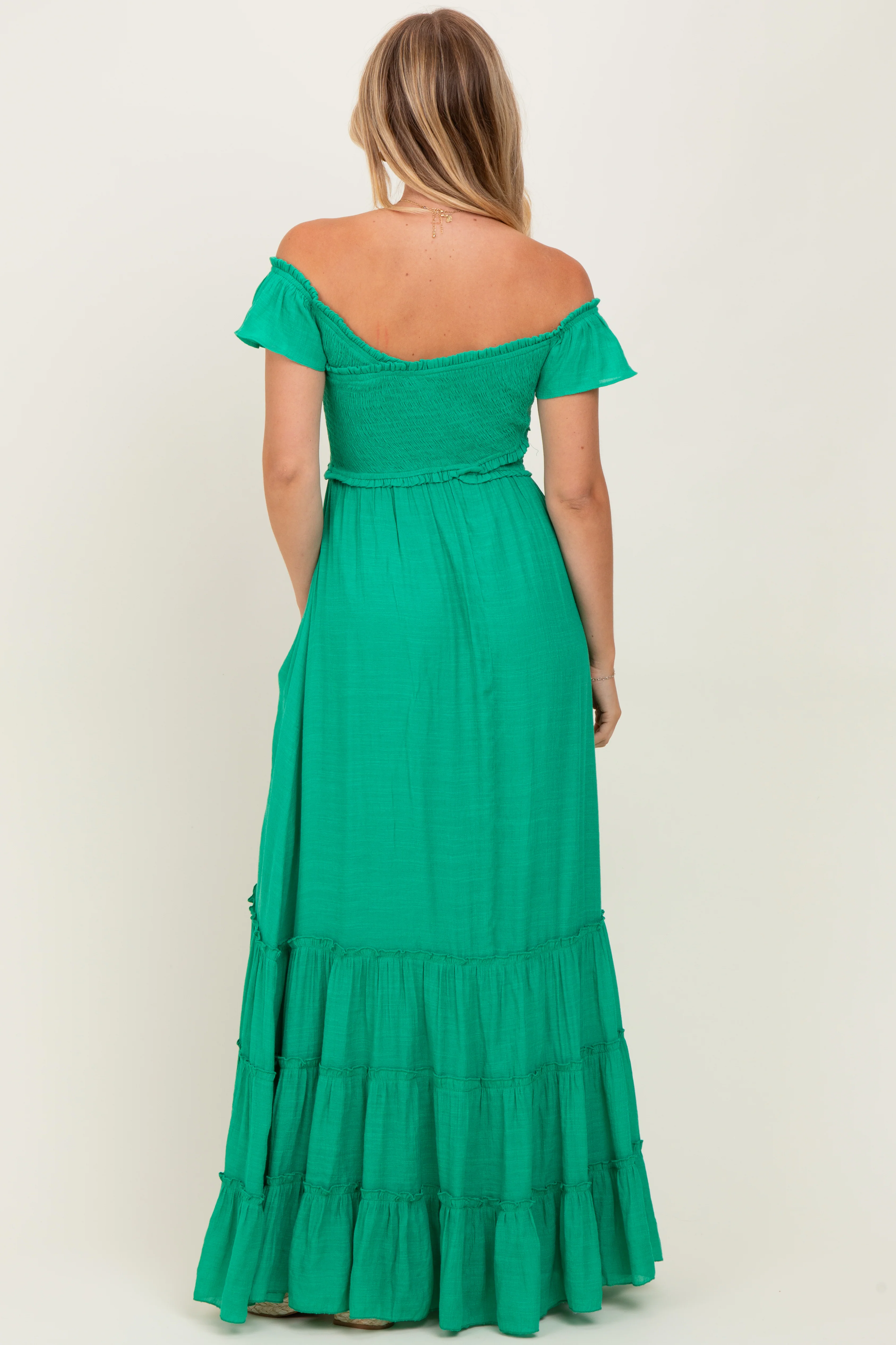 Green Smocked Crossover Off Shoulder Maxi Dress - Image 4