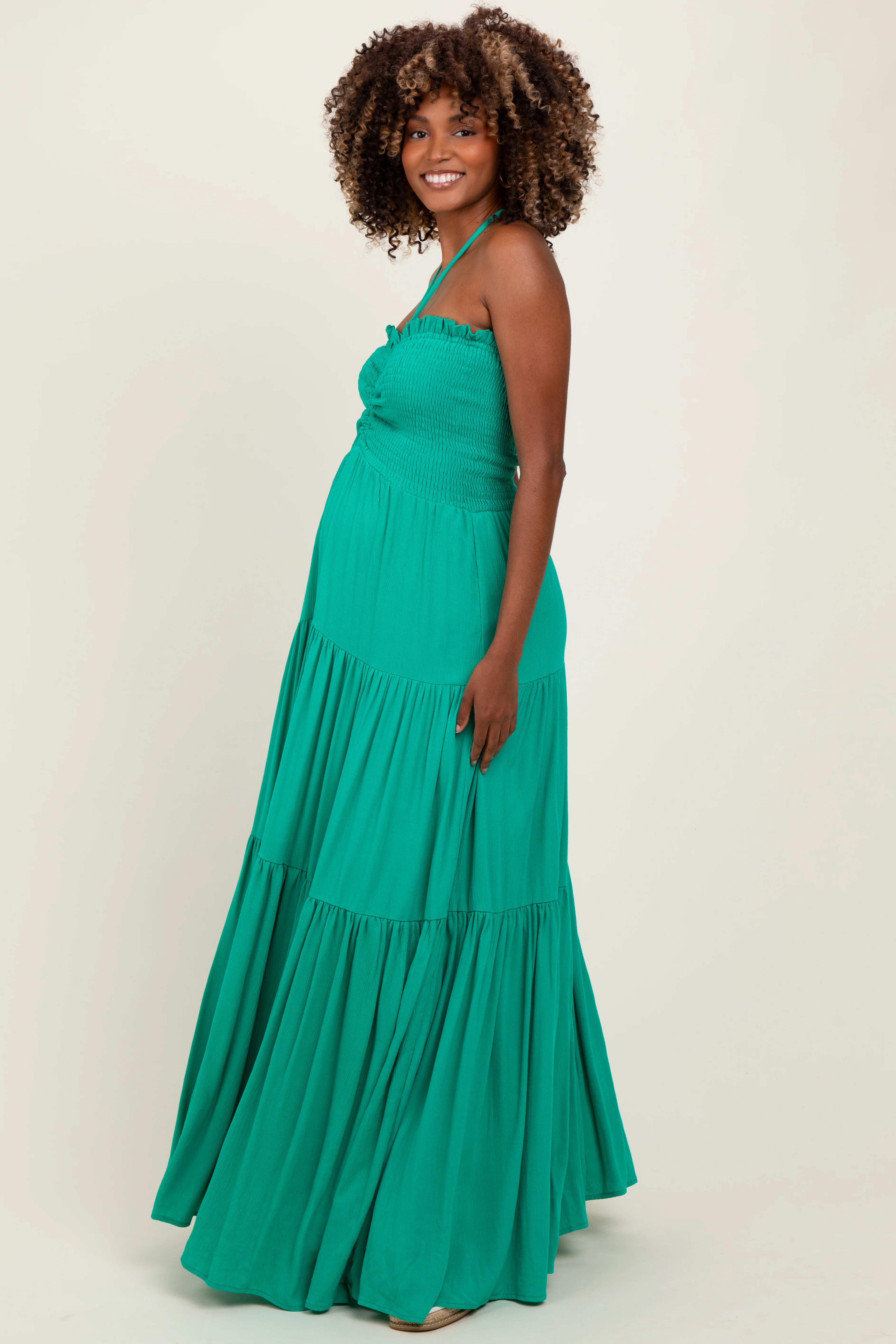 Green Smocked Halter Tiered Maternity Maxi Dress - Image 3