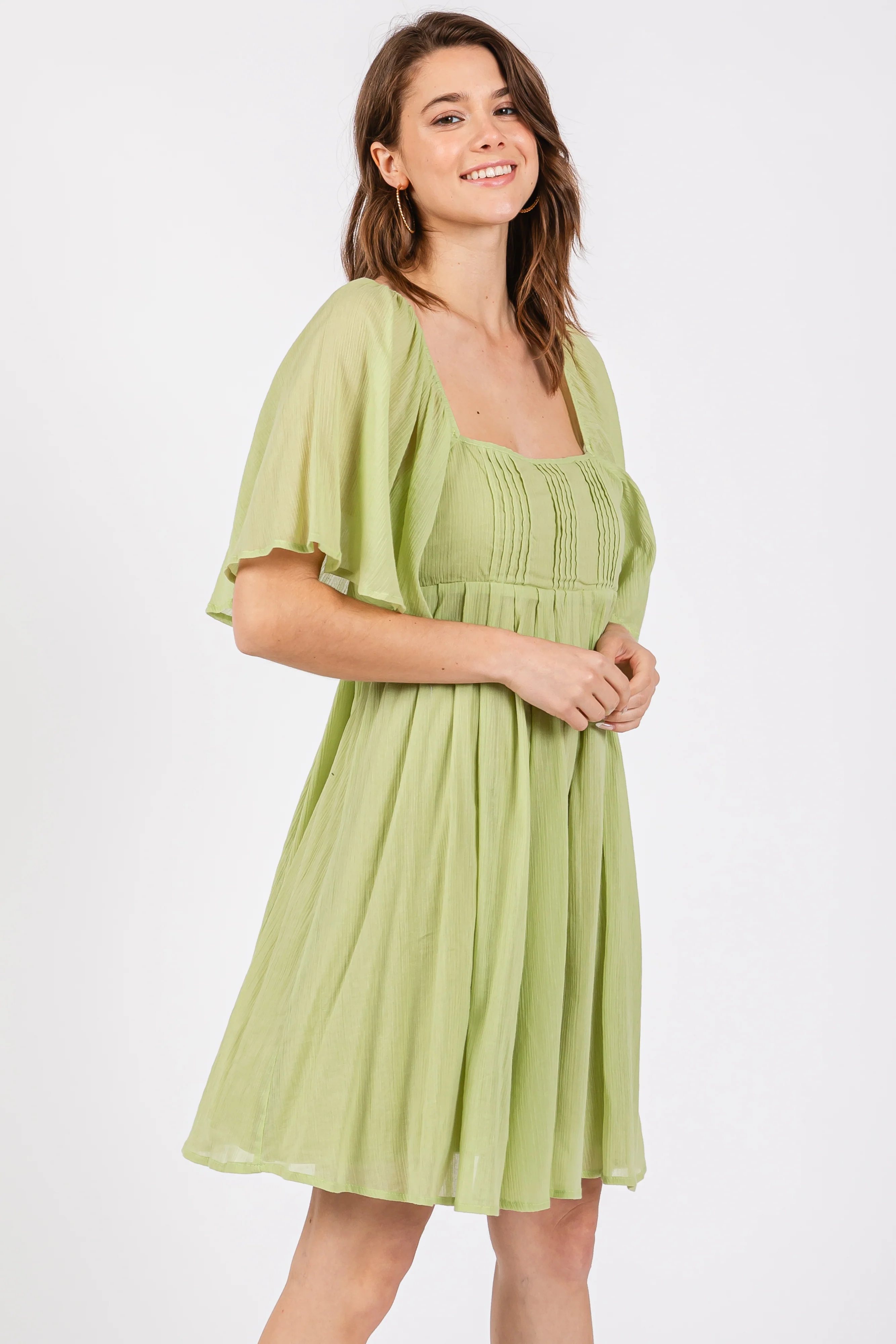 Green Square Neck Pleated Flutter Short Sleeve Maternity Dress - Image 4