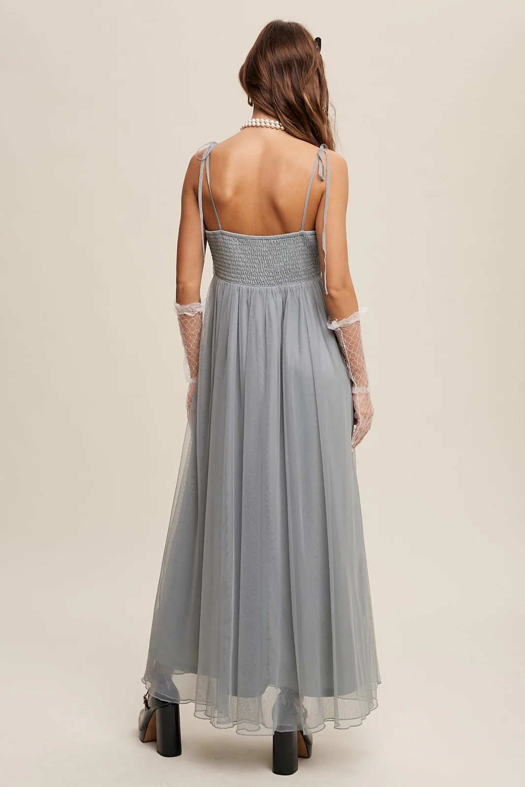 Green Square Neck Shoulder Tie Tulle Maxi Dress - Image 3