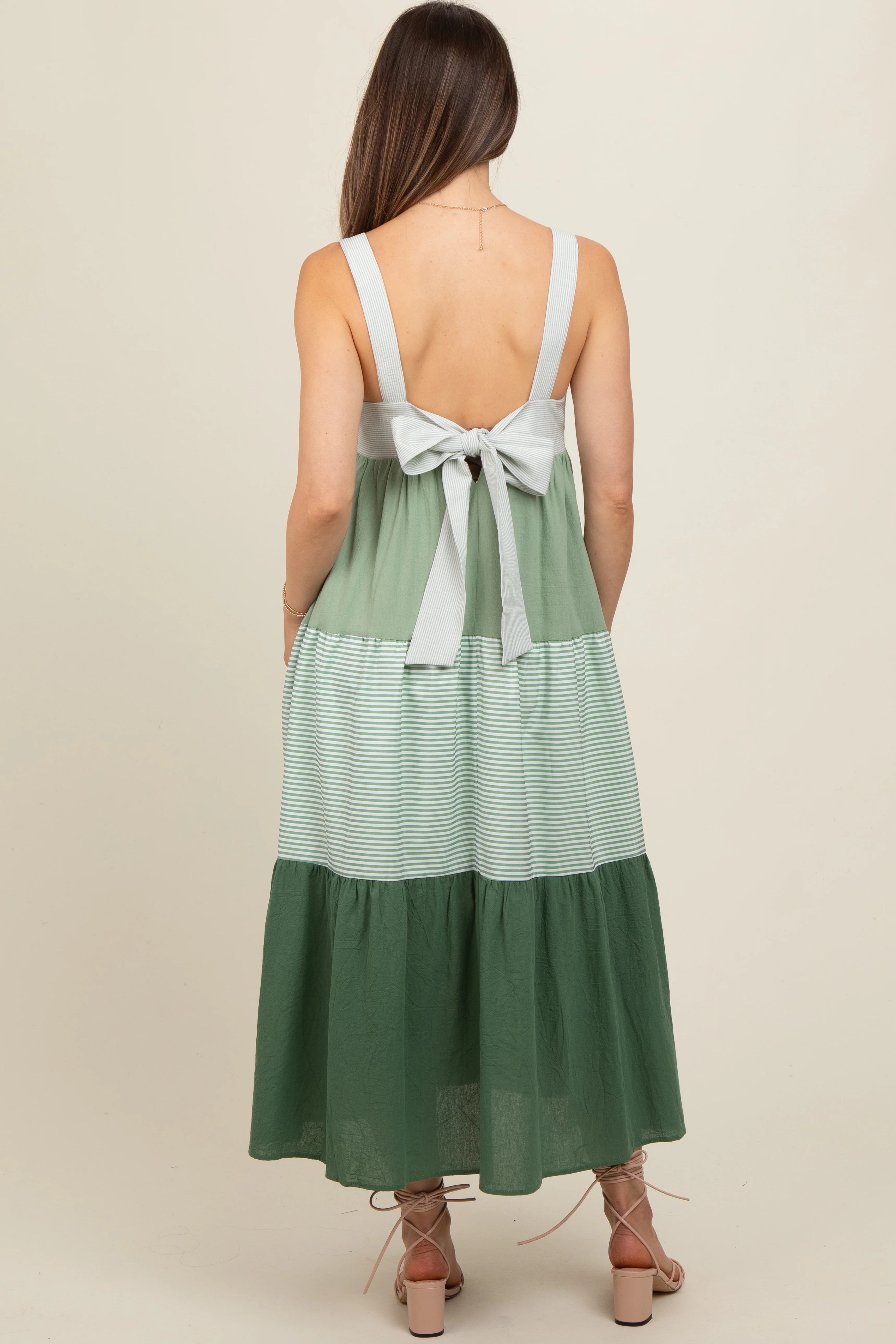 Green Striped Color Block Back Bow Maternity Midi Dress - Image 5