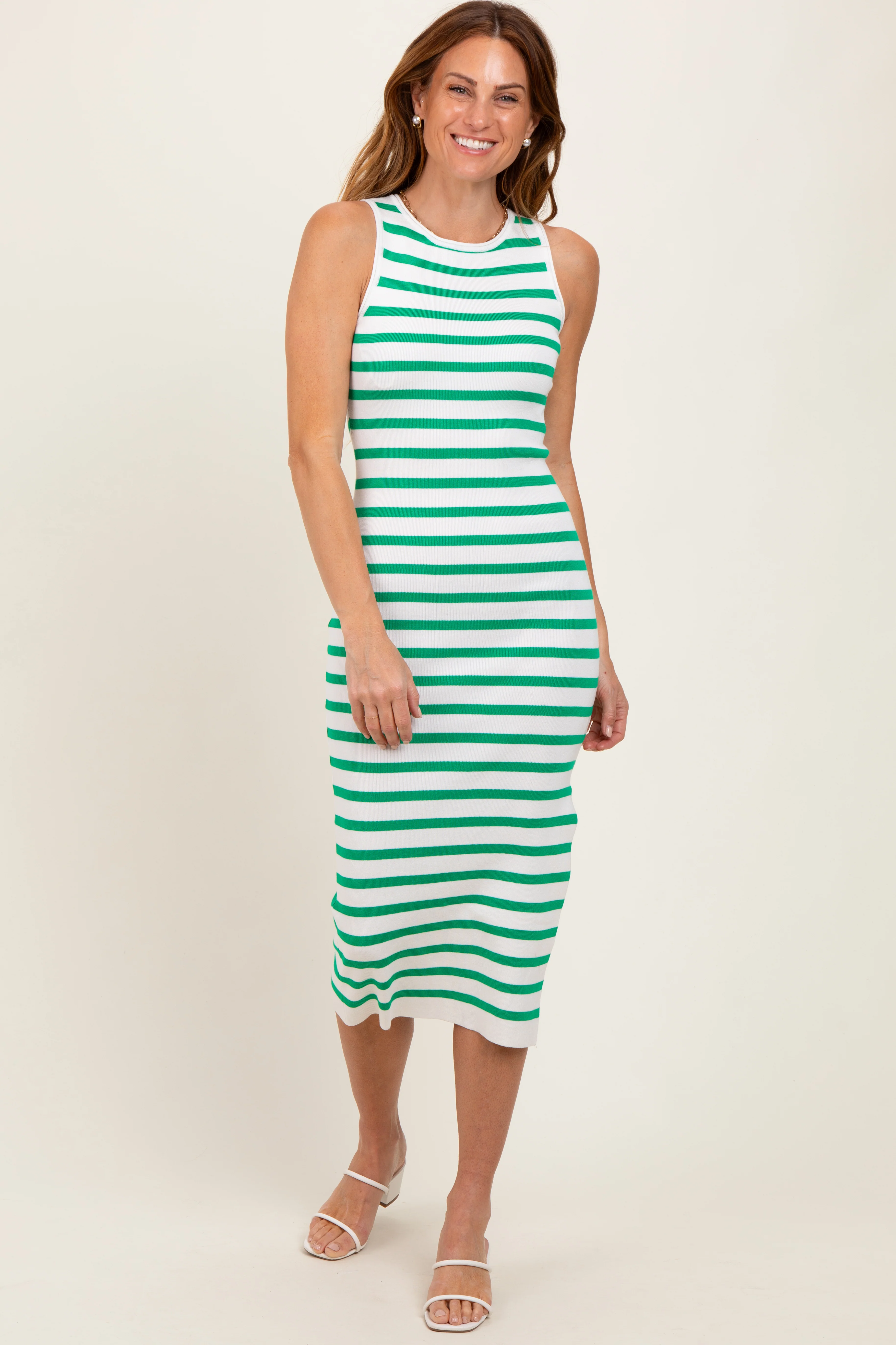 Green Striped Knit Sleeveless Side Slit Midi Dress
