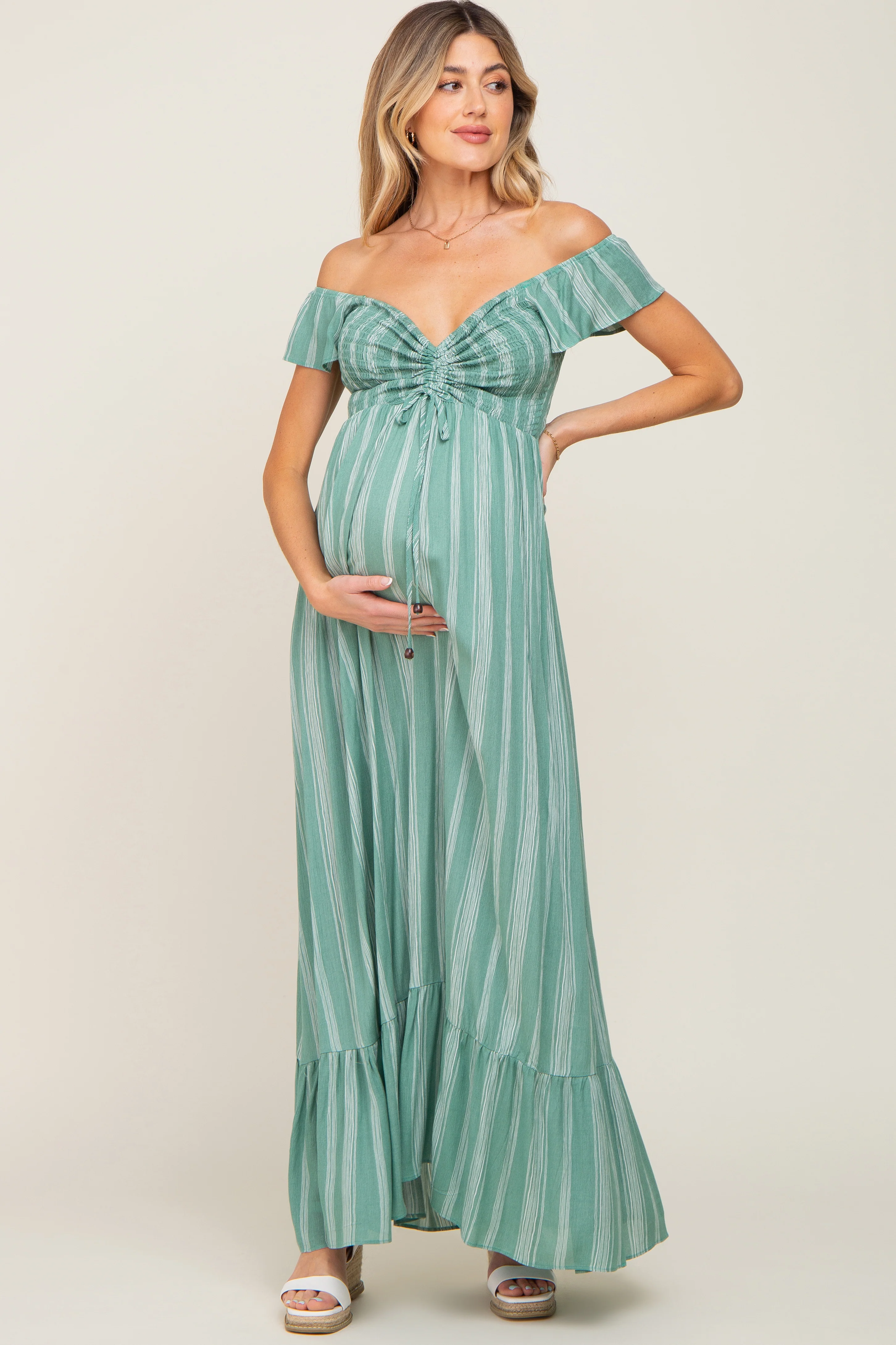Green Striped Off Shoulder Front Tie Maternity Maxi Dress - Image 5