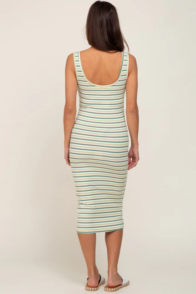 Green Striped Ribbed Fitted Maternity Midi Dress - Image 4