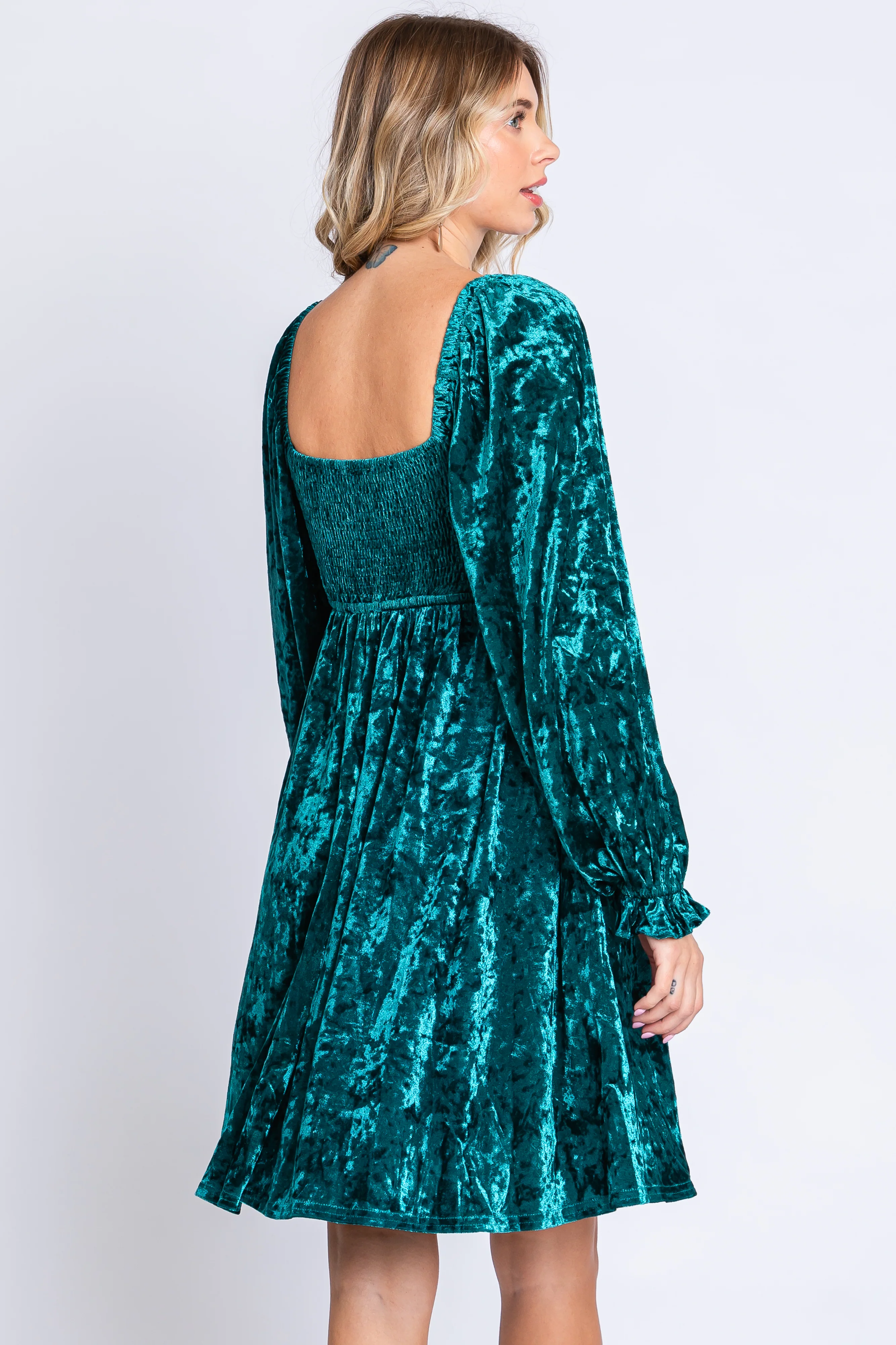 Green Teal Velour Square Neck Dress - Image 5