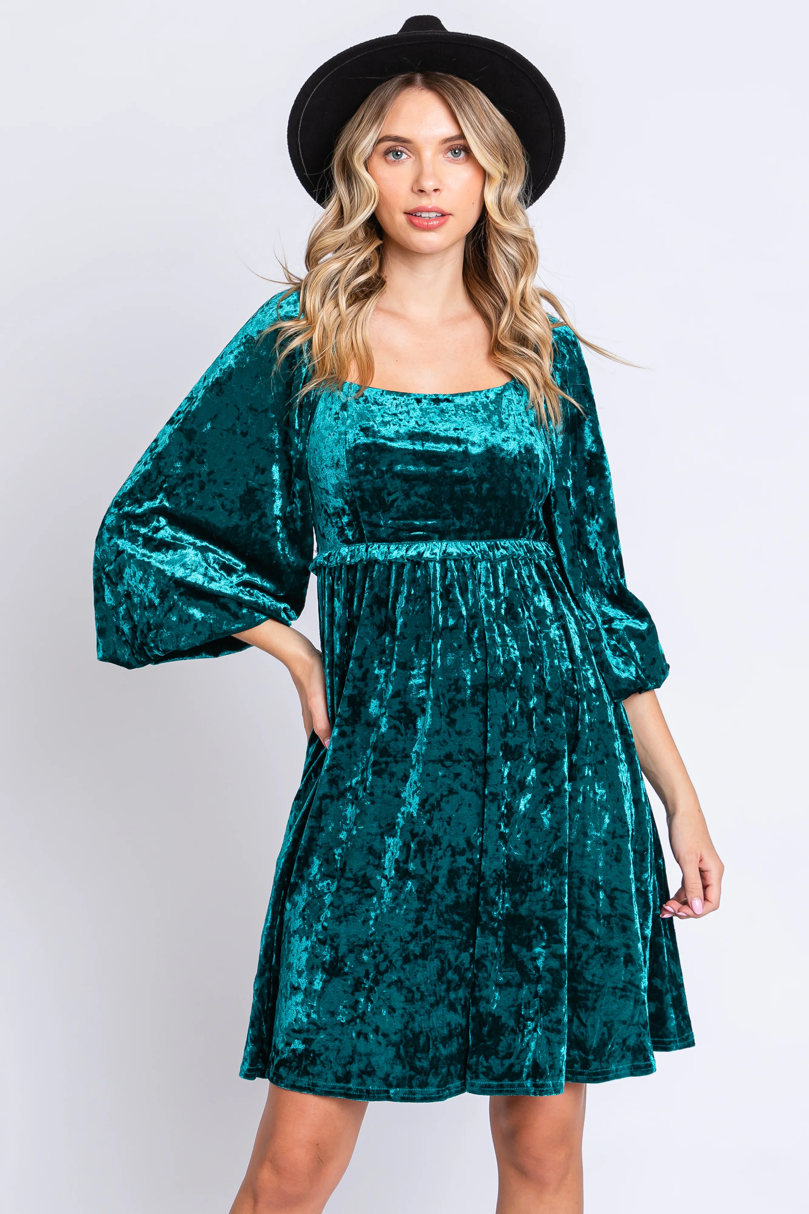 Green Teal Velour Square Neck Maternity Dress - Image 5