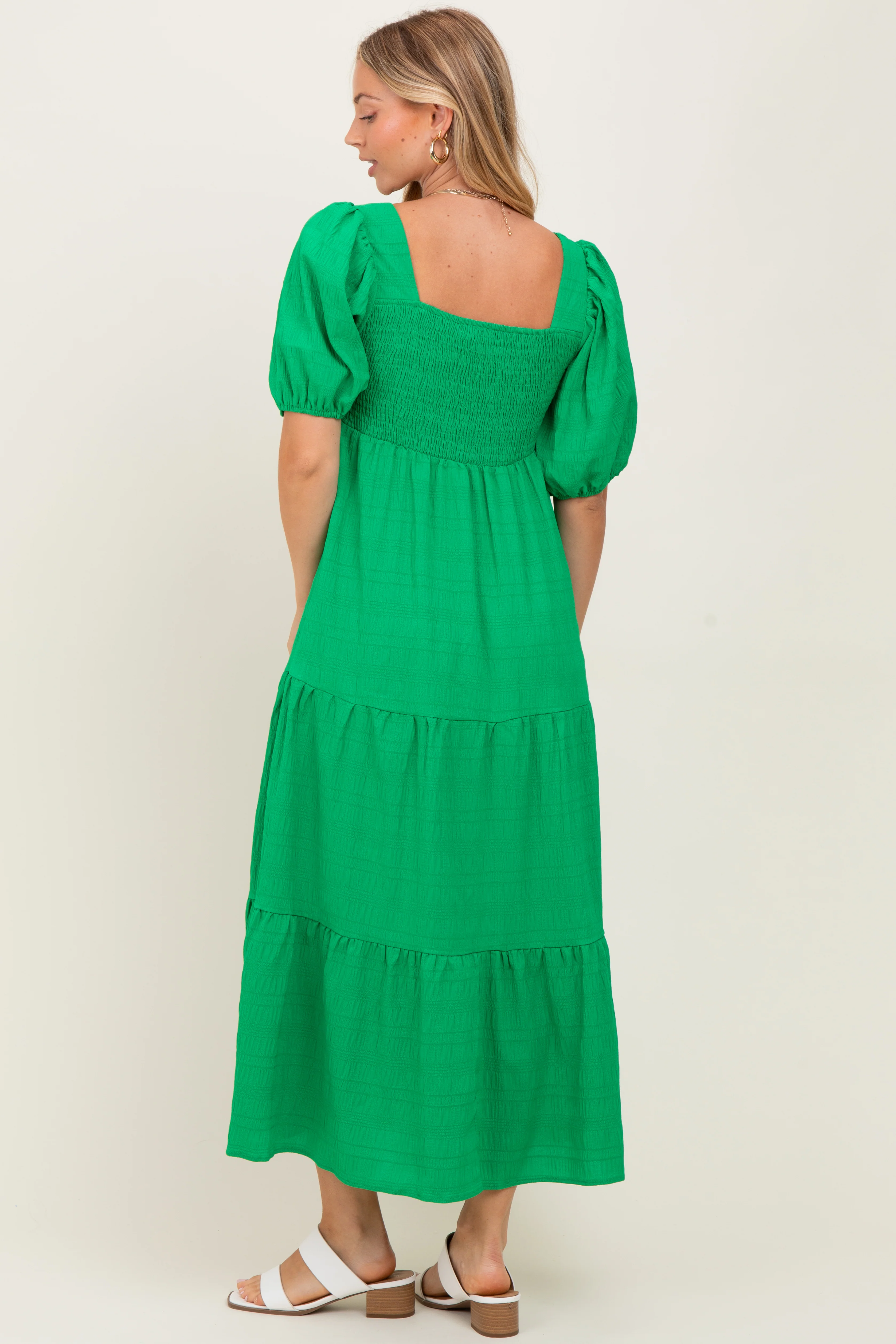 Green Textured Tiered Midi Dress - Image 4