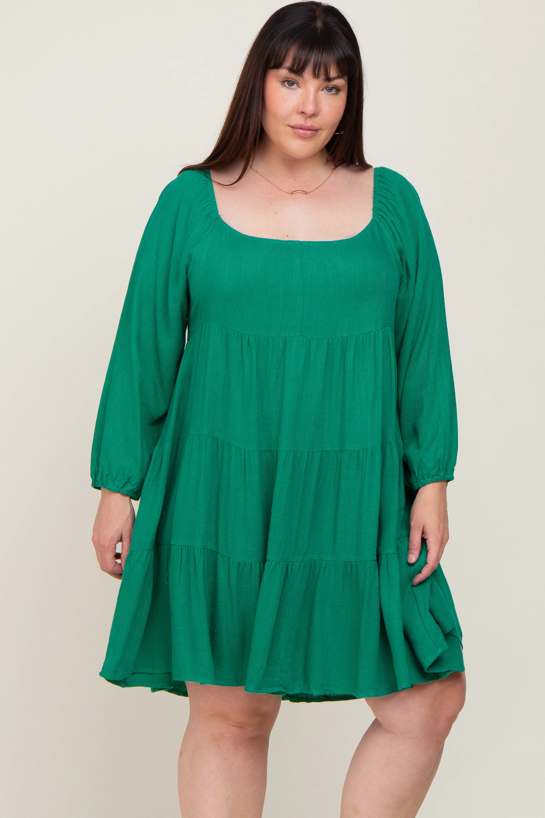 Green Tiered Long Sleeve Maternity Plus Dress - Image 5