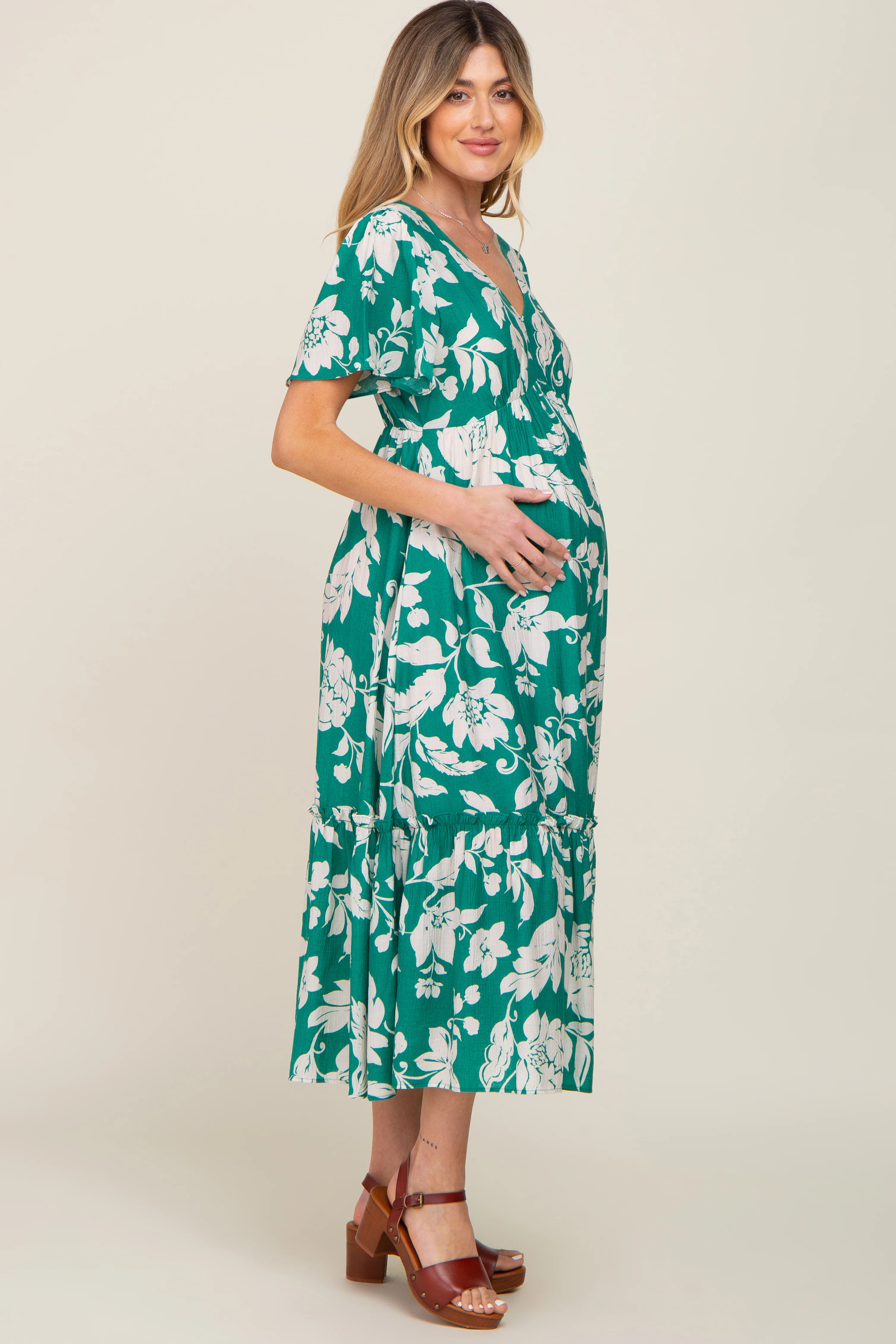 Green Tropical Print Ruffle Maternity Midi Dress - Image 3