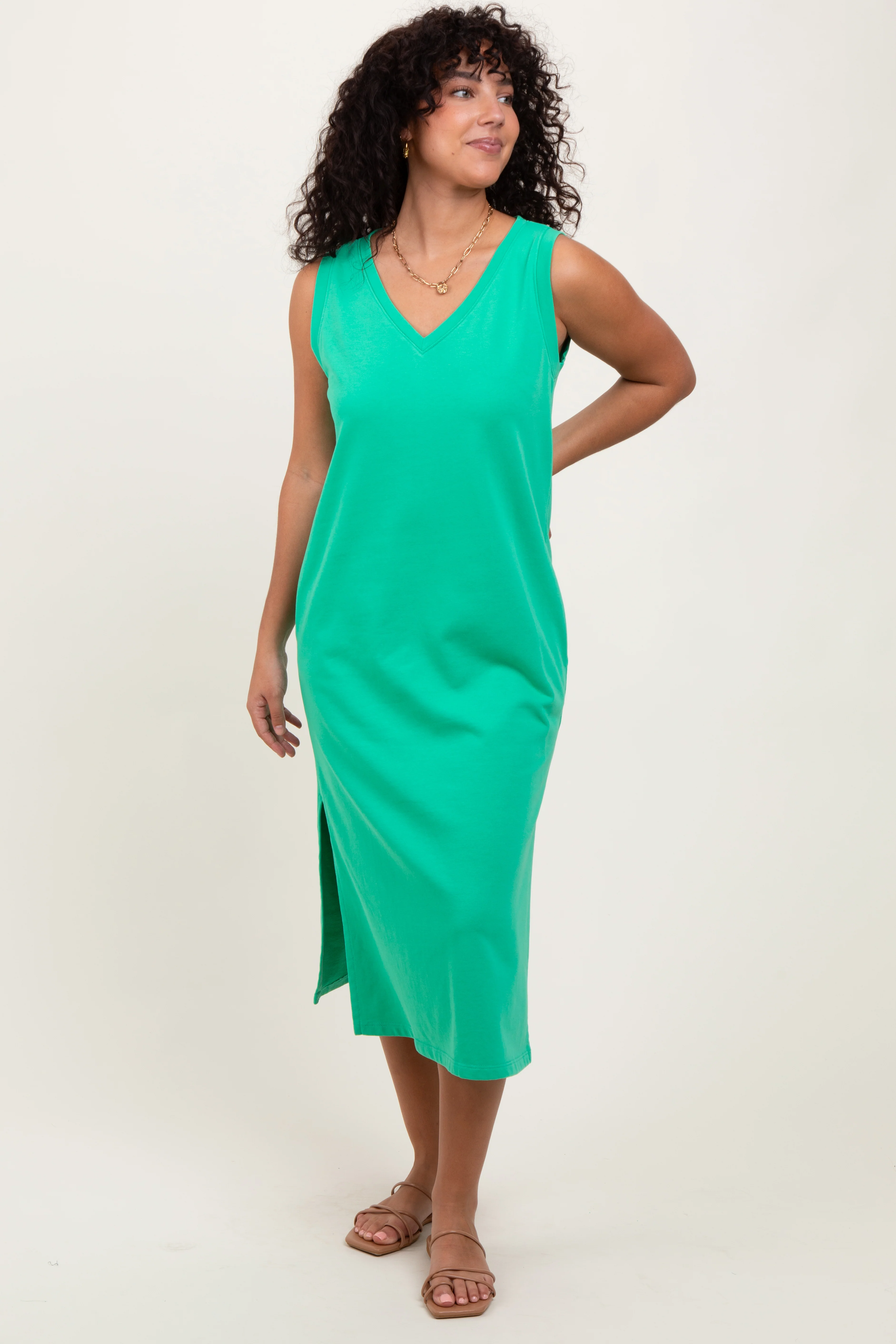 Green V-Neck Sleeveless Side Slit Maternity Midi Dress - Image 5