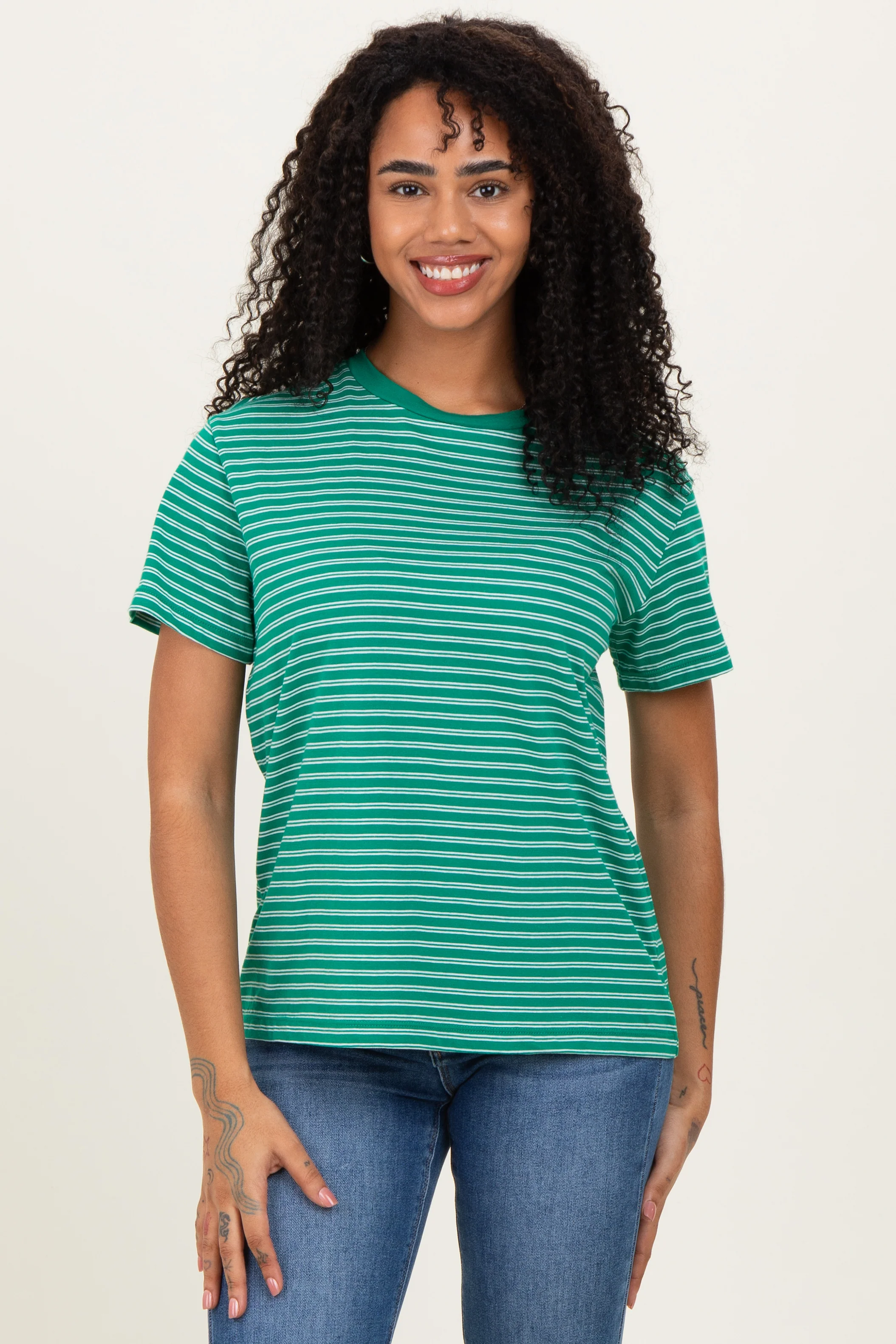 Green/White Short Sleeve Round Neck Stripe Maternity Tee - Image 5