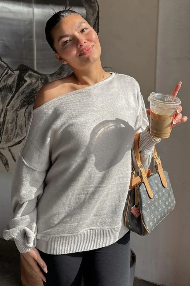 Grey Boat Neck Bubble Sleeve Sweater - Image 5
