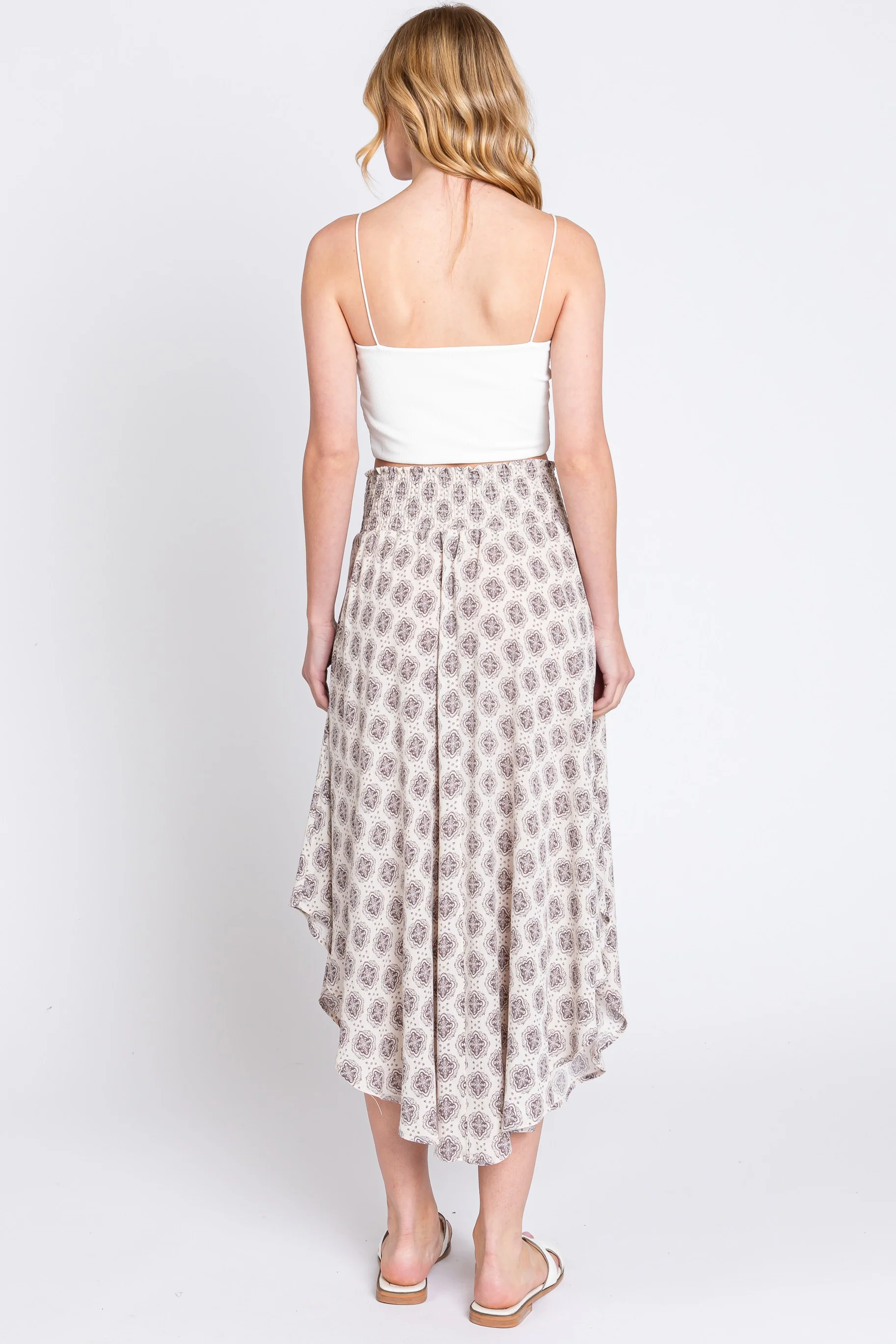 Grey Damask Print Smocked Waistband Midi Skirt - Image 3