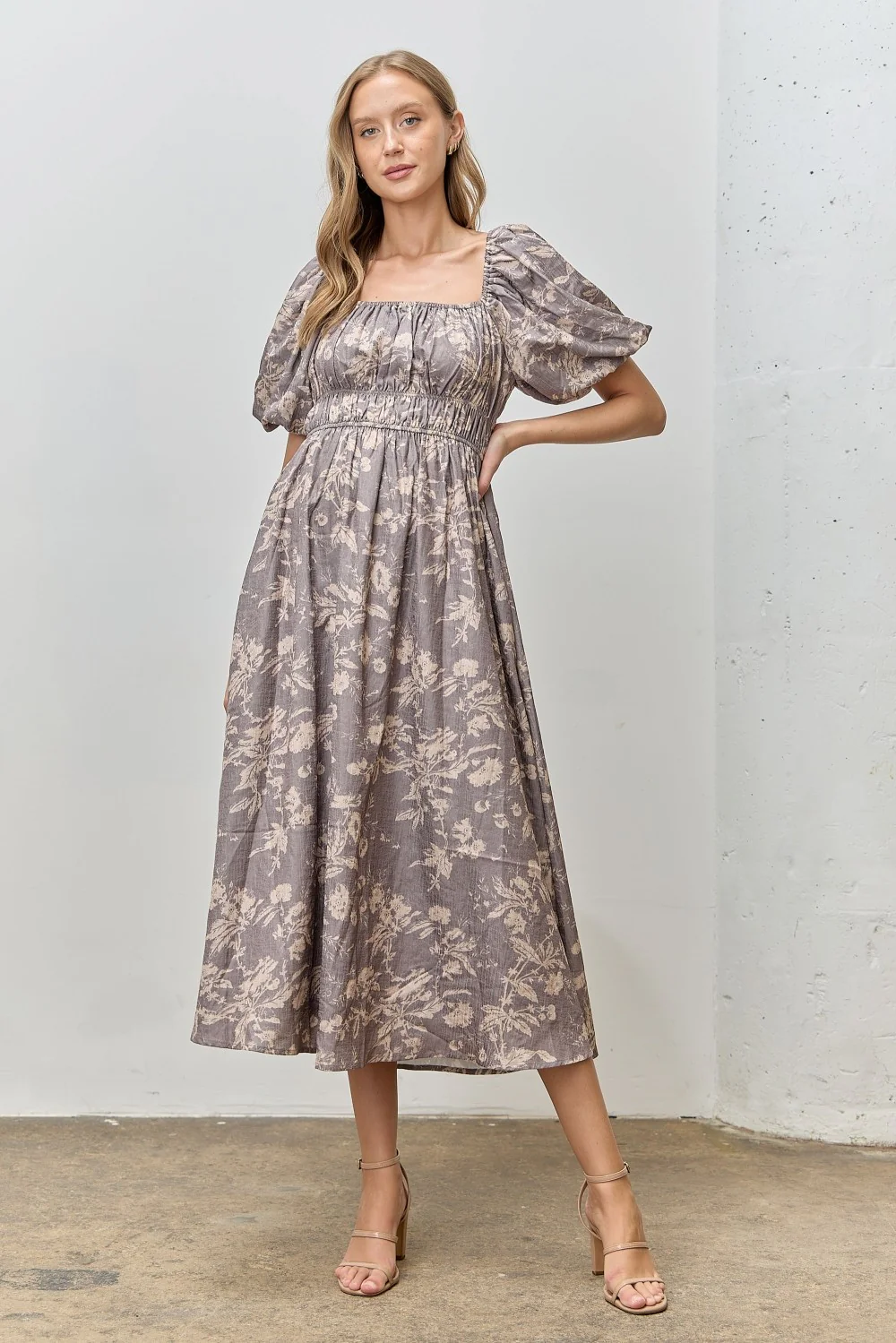 Grey Floral Puff Sleeve Smocked Waist Maternity Midi Dress - Image 4
