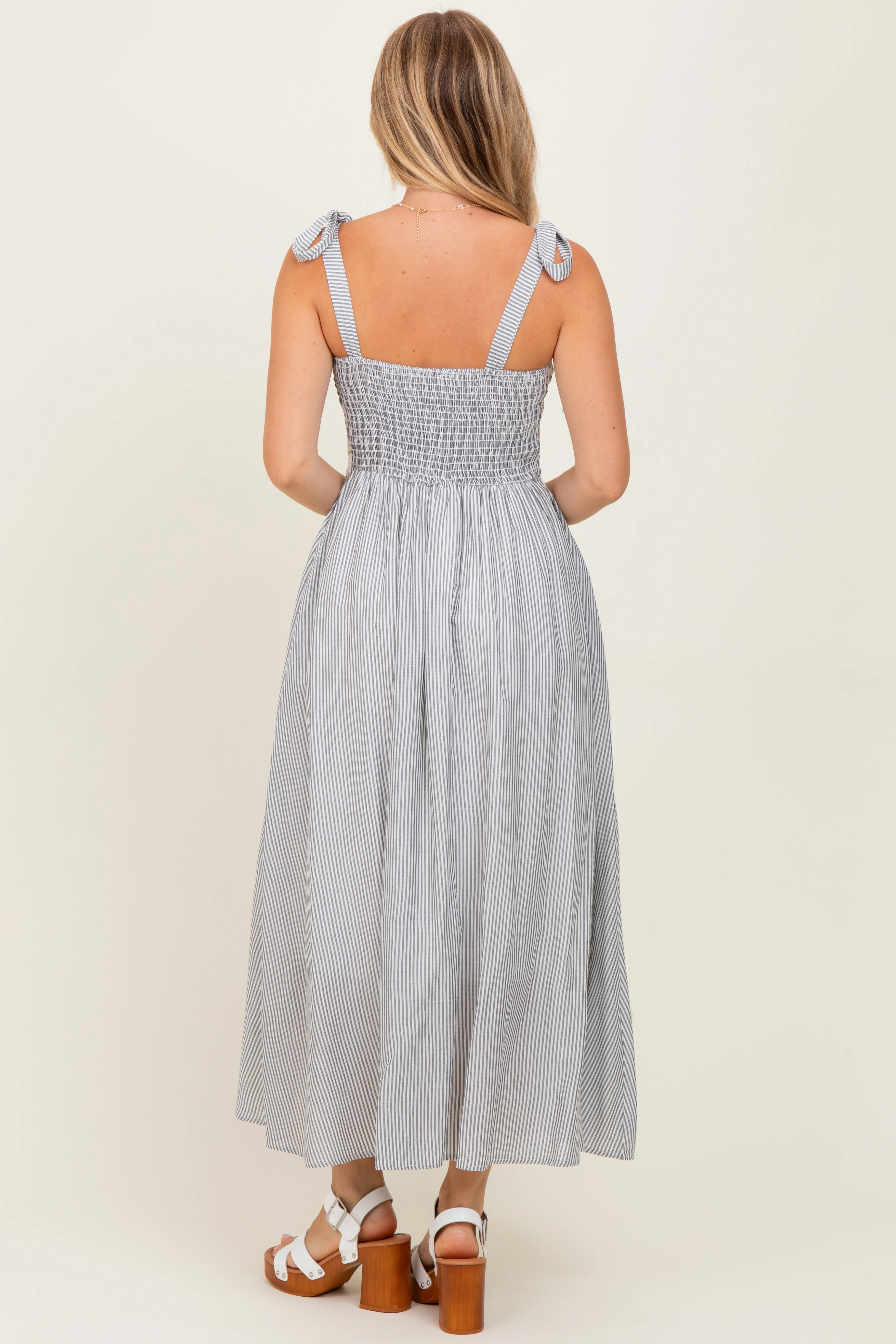 Grey Floral Striped Sleeveless Shoulder Tie Midi Dress - Image 4