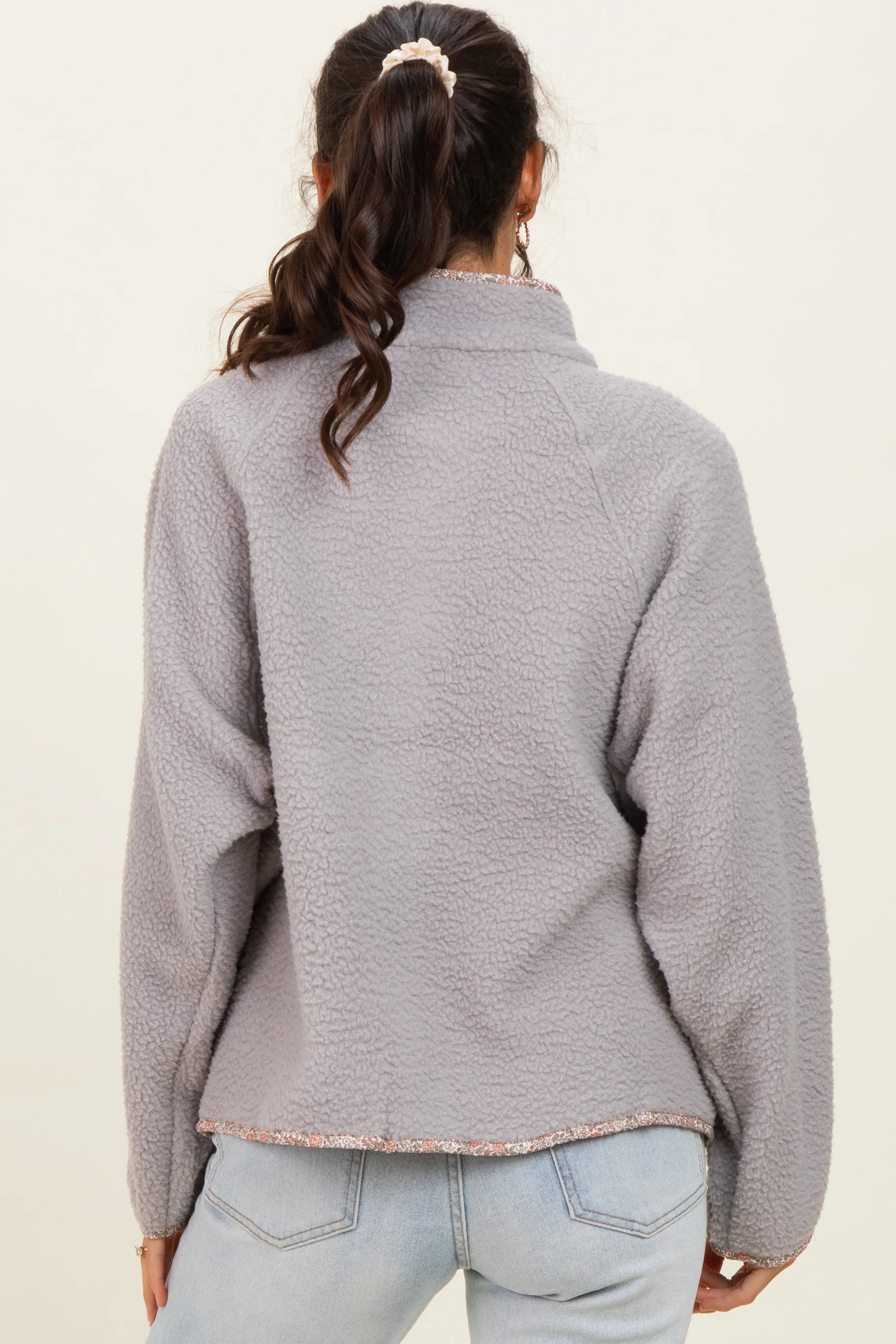 Grey Floral Trim Fleece Snap Button Jacket - Image 9