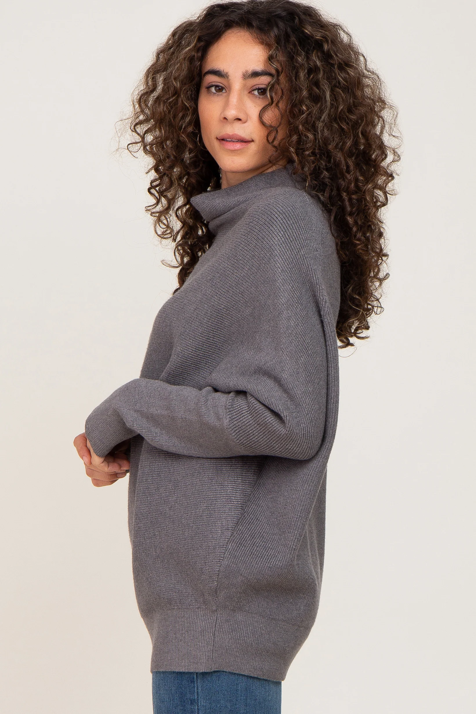 Grey Funnel Neck Dolman Sleeve Sweater - Image 2