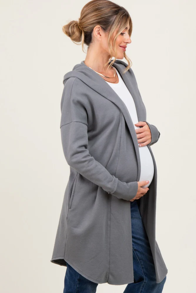 Grey Hooded Long Maternity Cardigan - Image 3