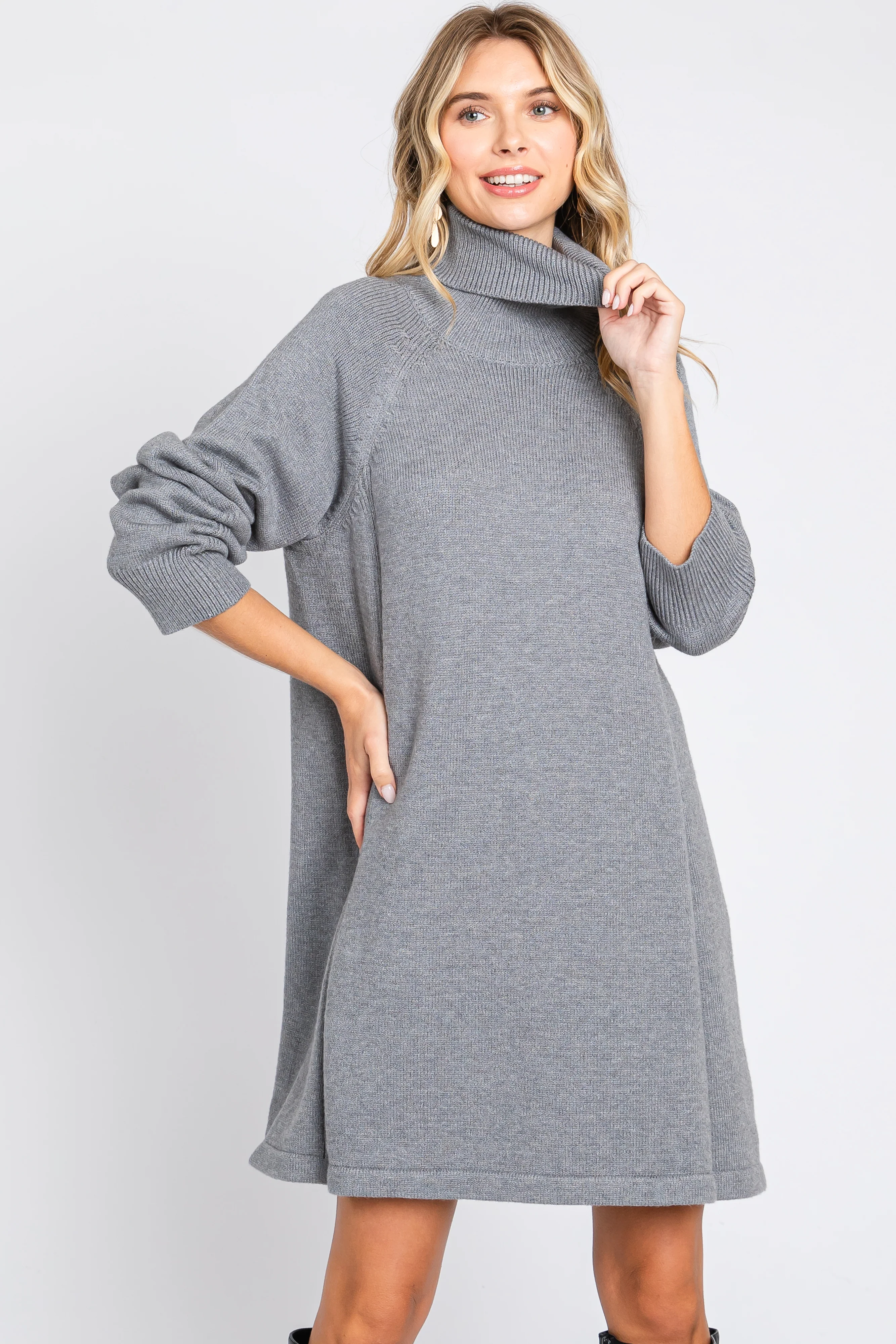 Grey Knit Turtleneck Sweater Dress - Image 4