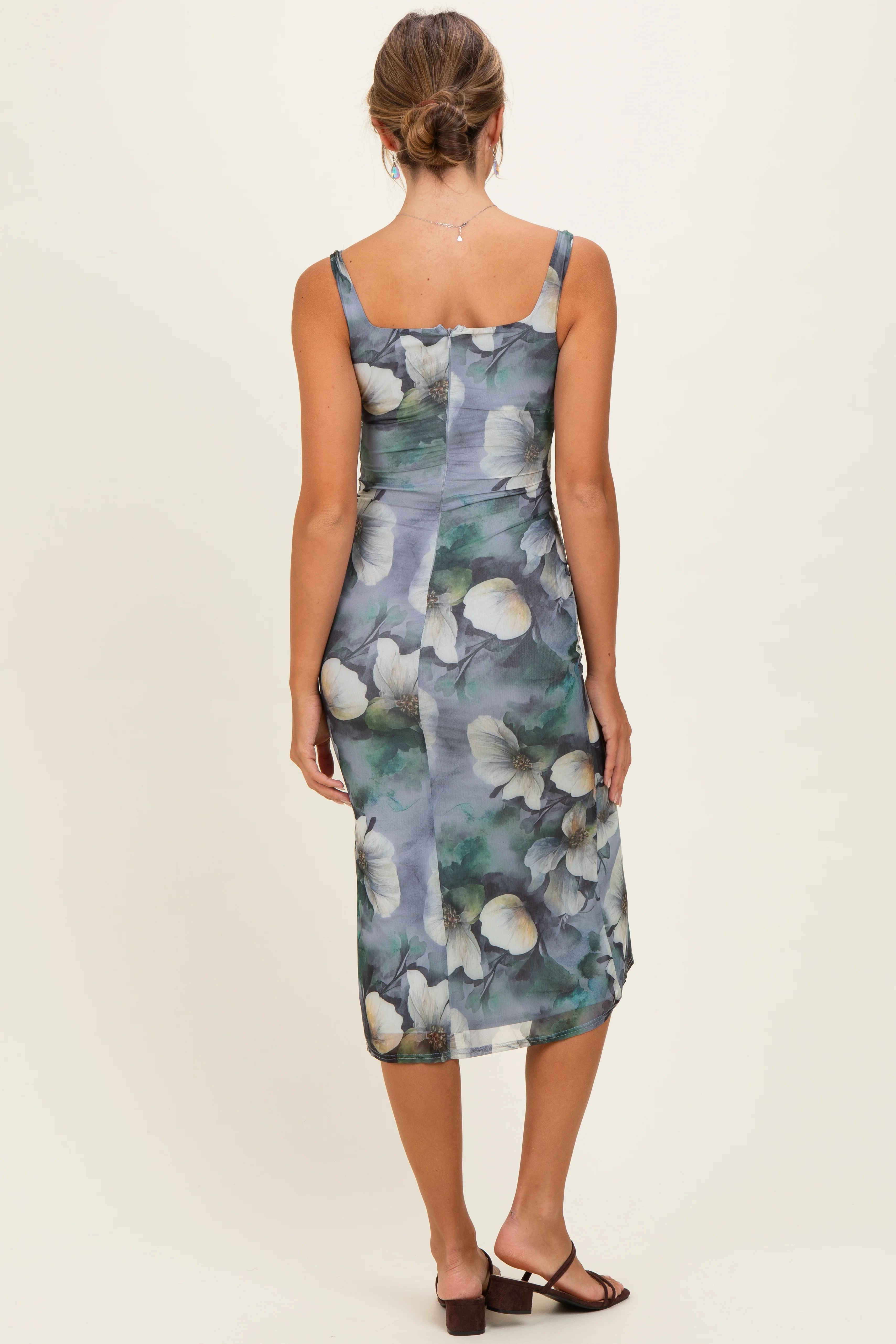 Grey Mesh Floral Sleeveless Midi Dress - Image 3