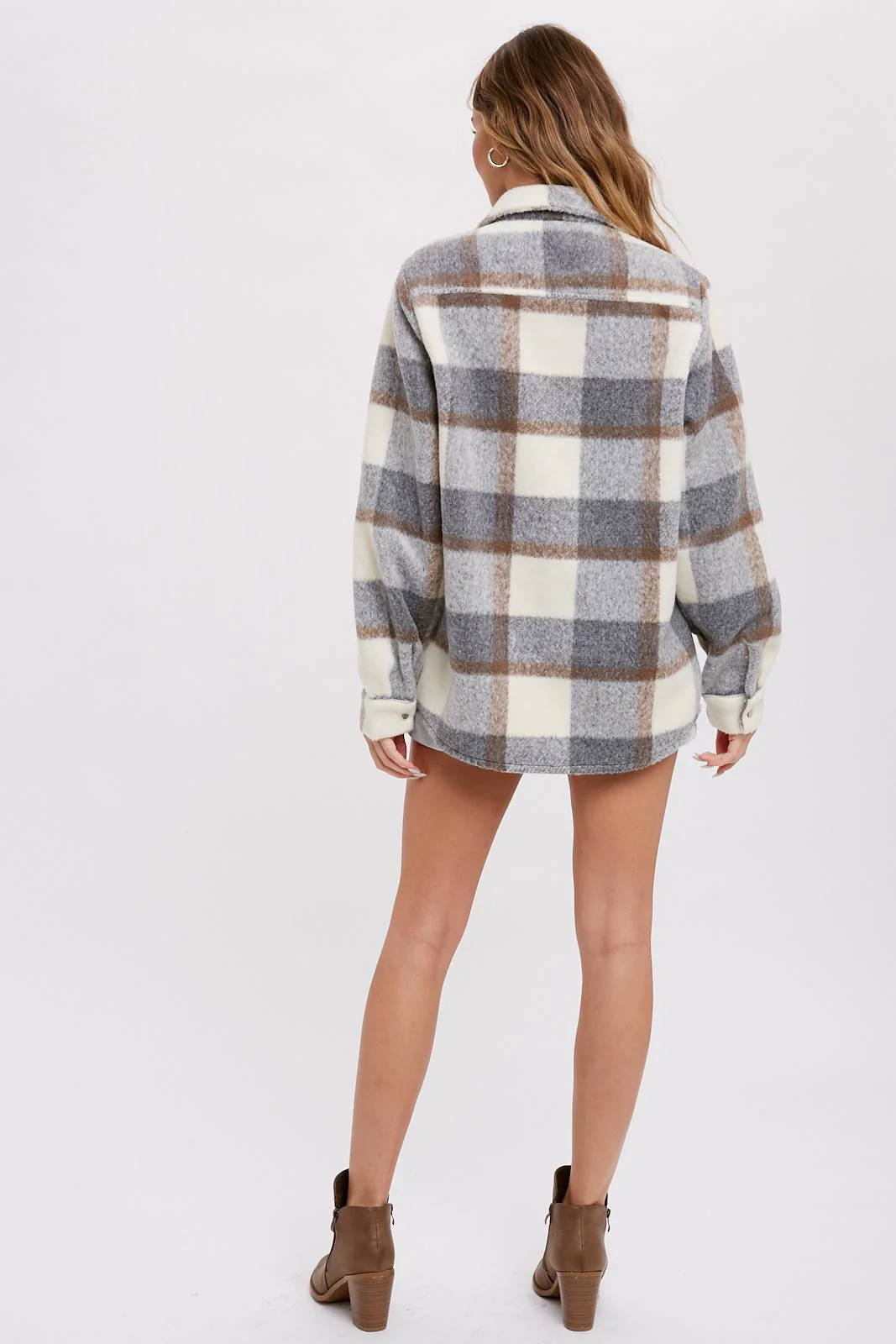 Grey Plaid Fleece Shirt Jacket - Image 4