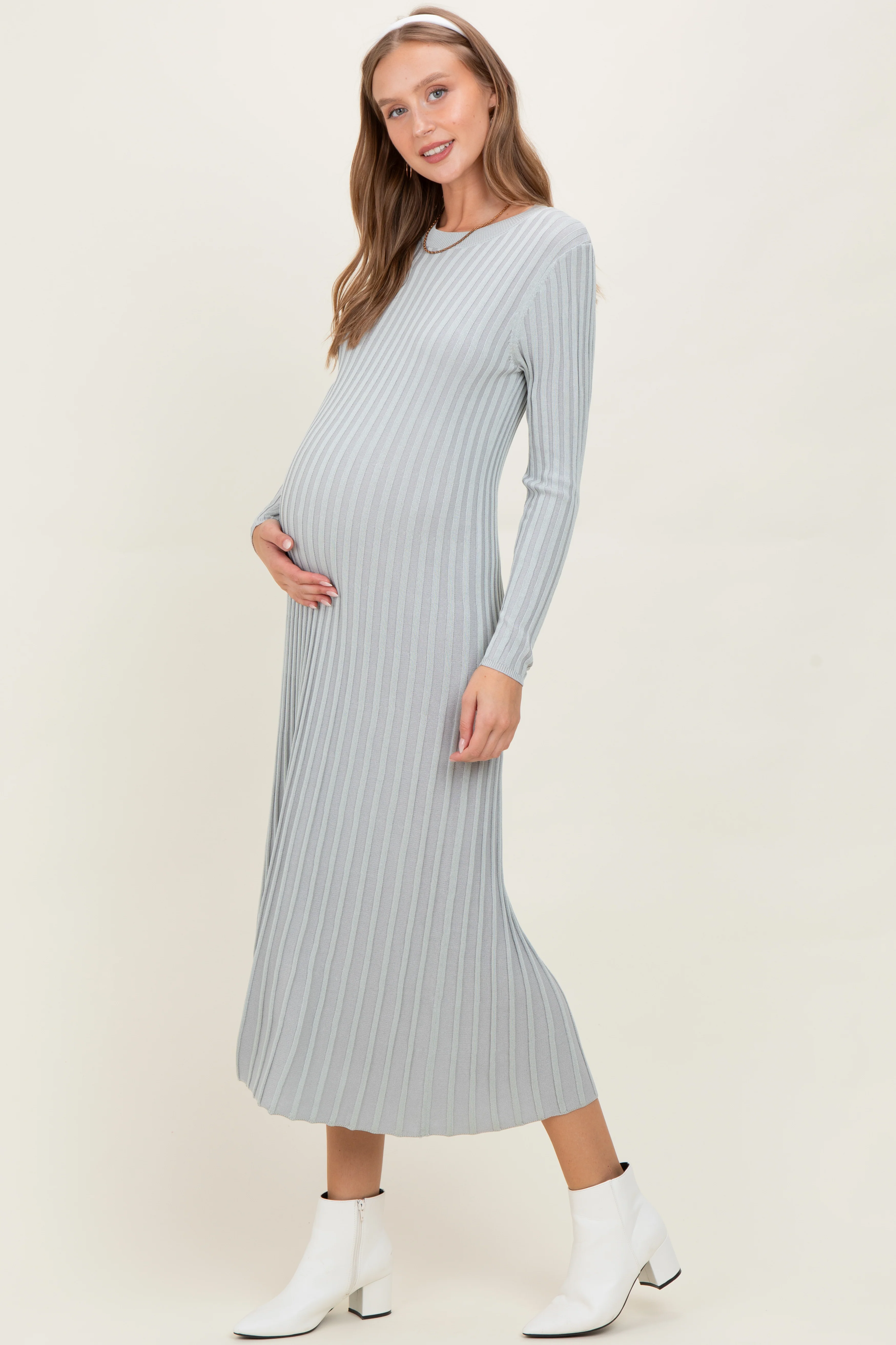 Grey Ribbed Long Sleeve Maternity Sweater Midi Dress - Image 3
