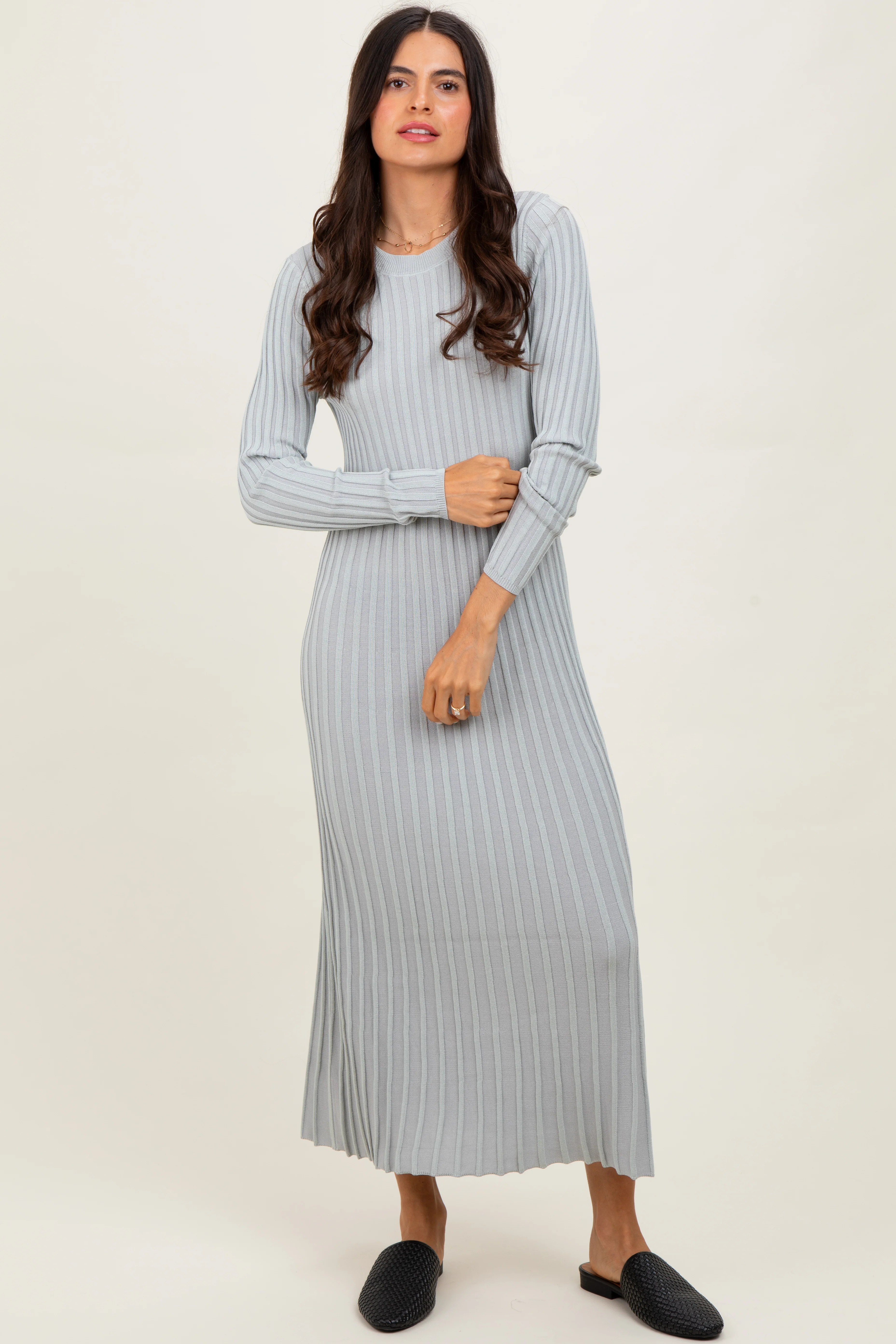 Grey Ribbed Long Sleeve Maternity Sweater Midi Dress - Image 5